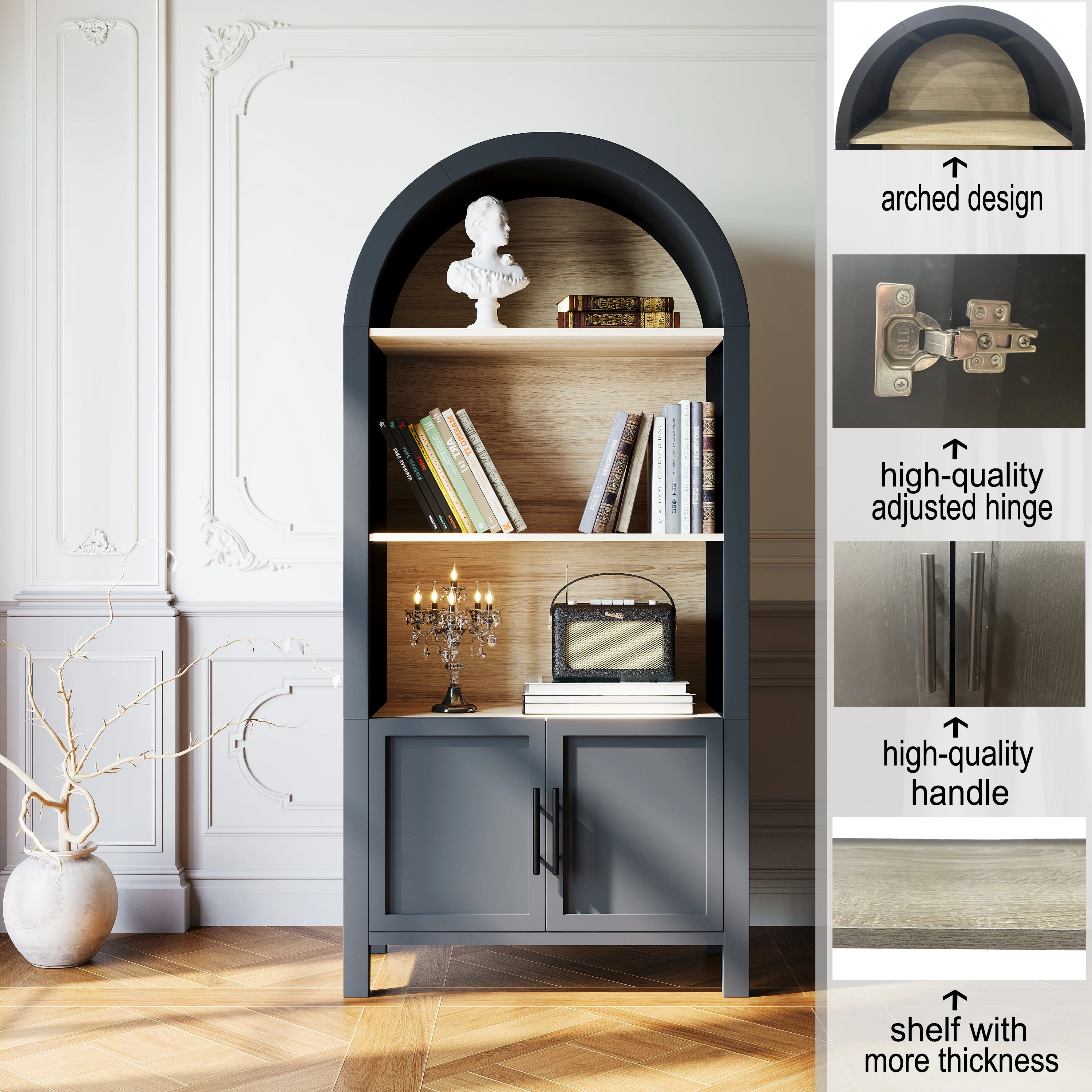 Grantham Arched 3-Tier Bookcase Cabinet with Door - Image 7