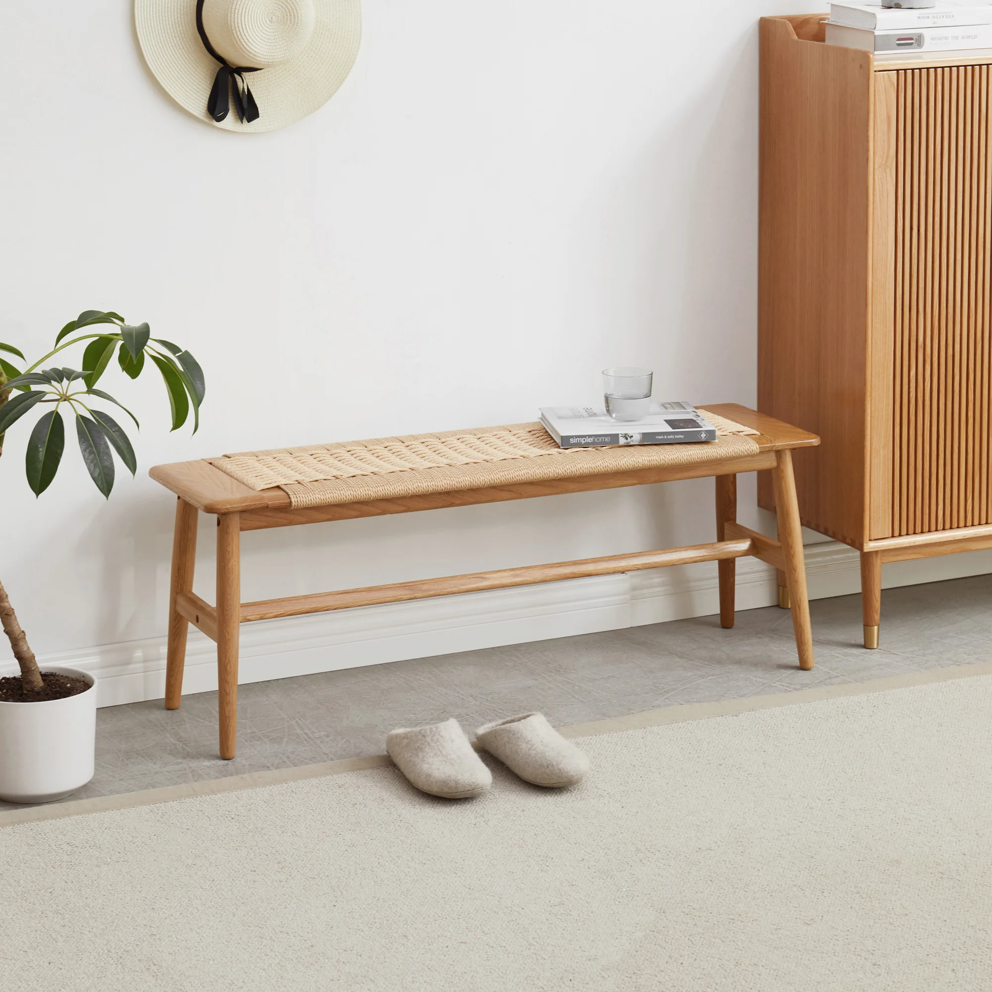 Woven Design Natural Oak Wood Dining Bench - Image 2