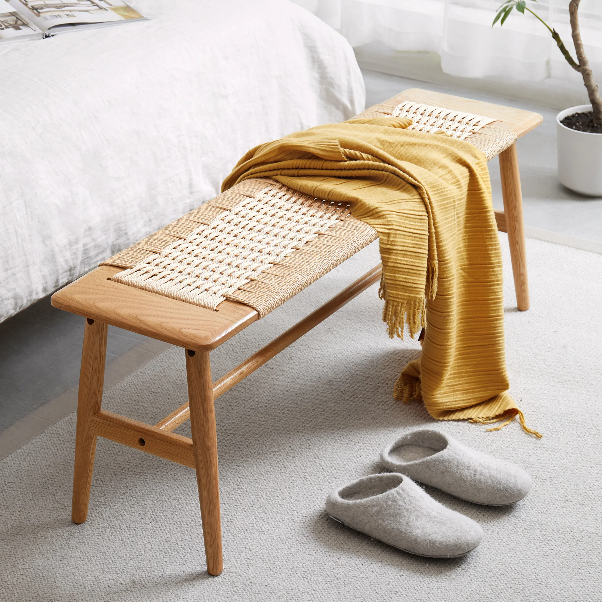 Woven Design Natural Oak Wood Dining Bench - Image 3