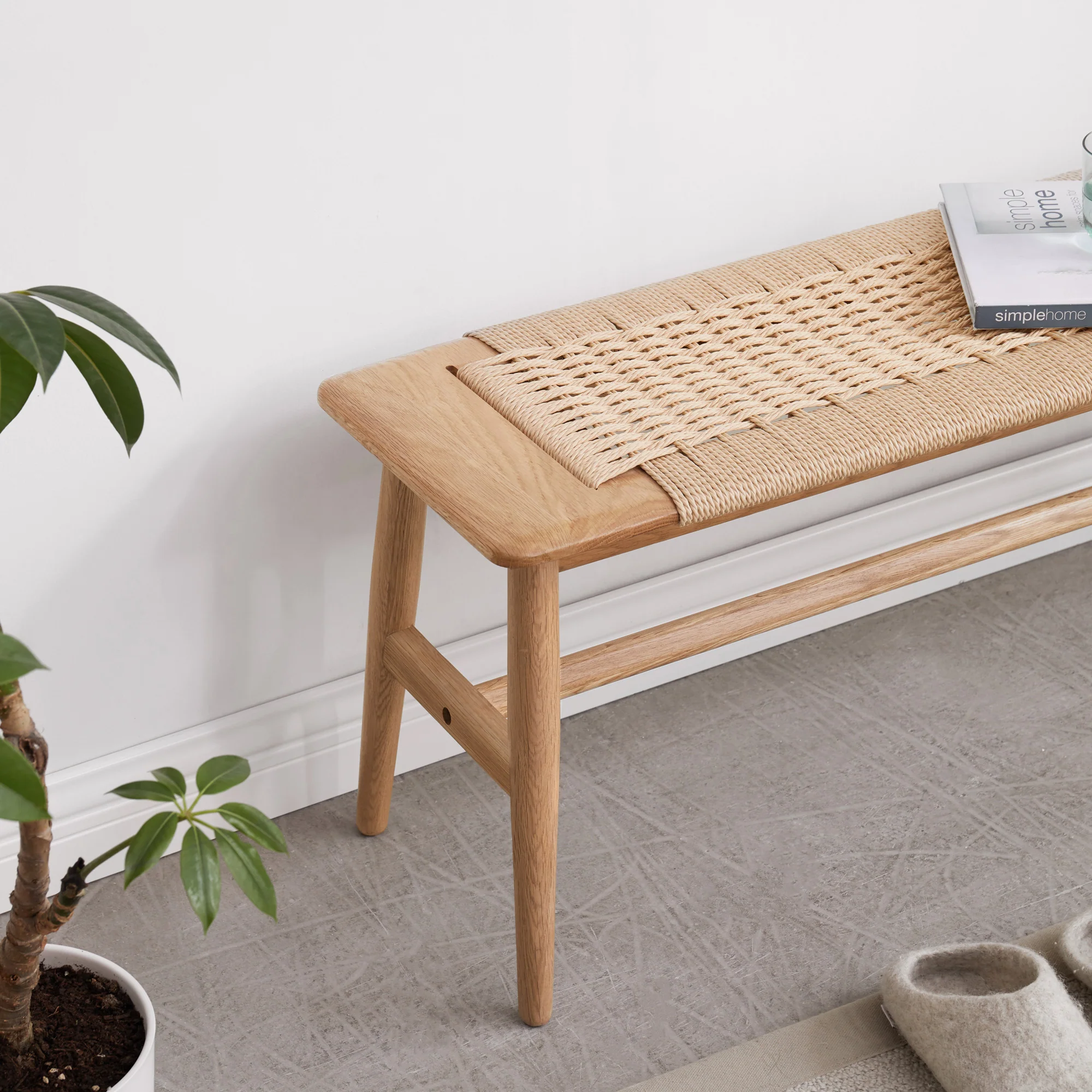 Woven Design Natural Oak Wood Dining Bench - Image 4