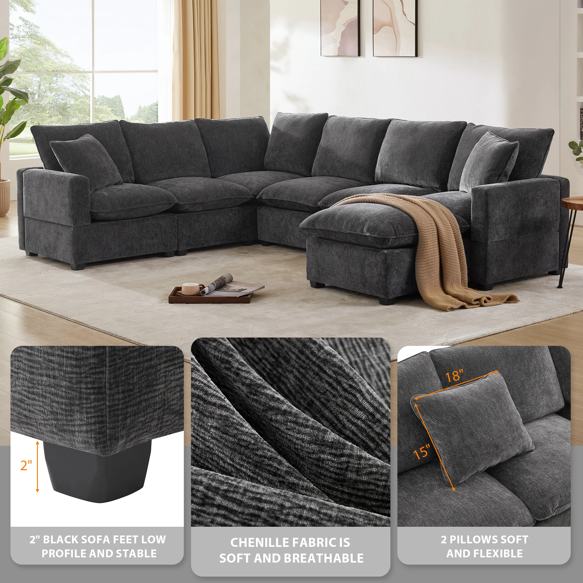 Chenille Modular U-Shape Sectional Sofa, Seats 7 - Image 6