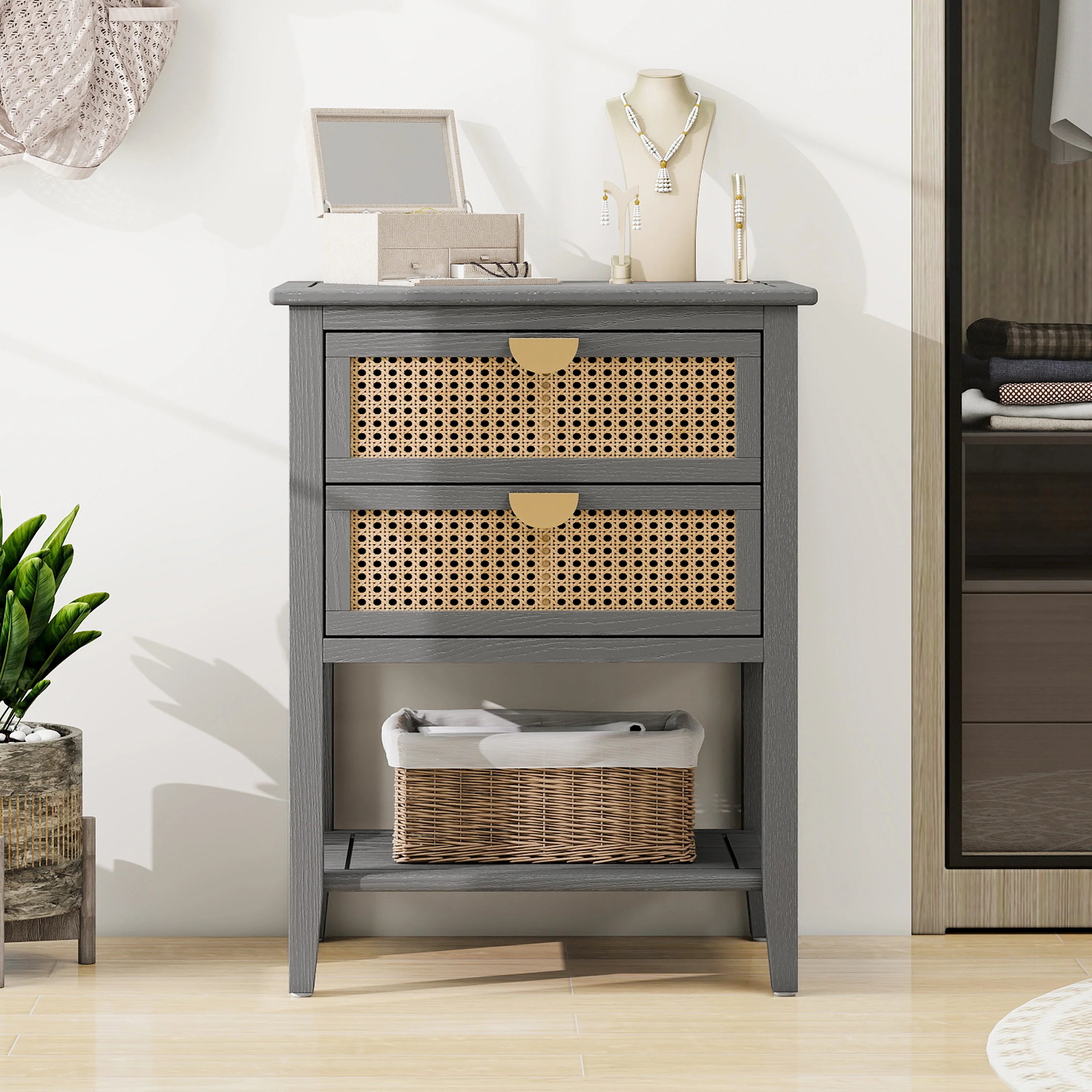 2-Drawer Side Table with Natural Rattan Drawers