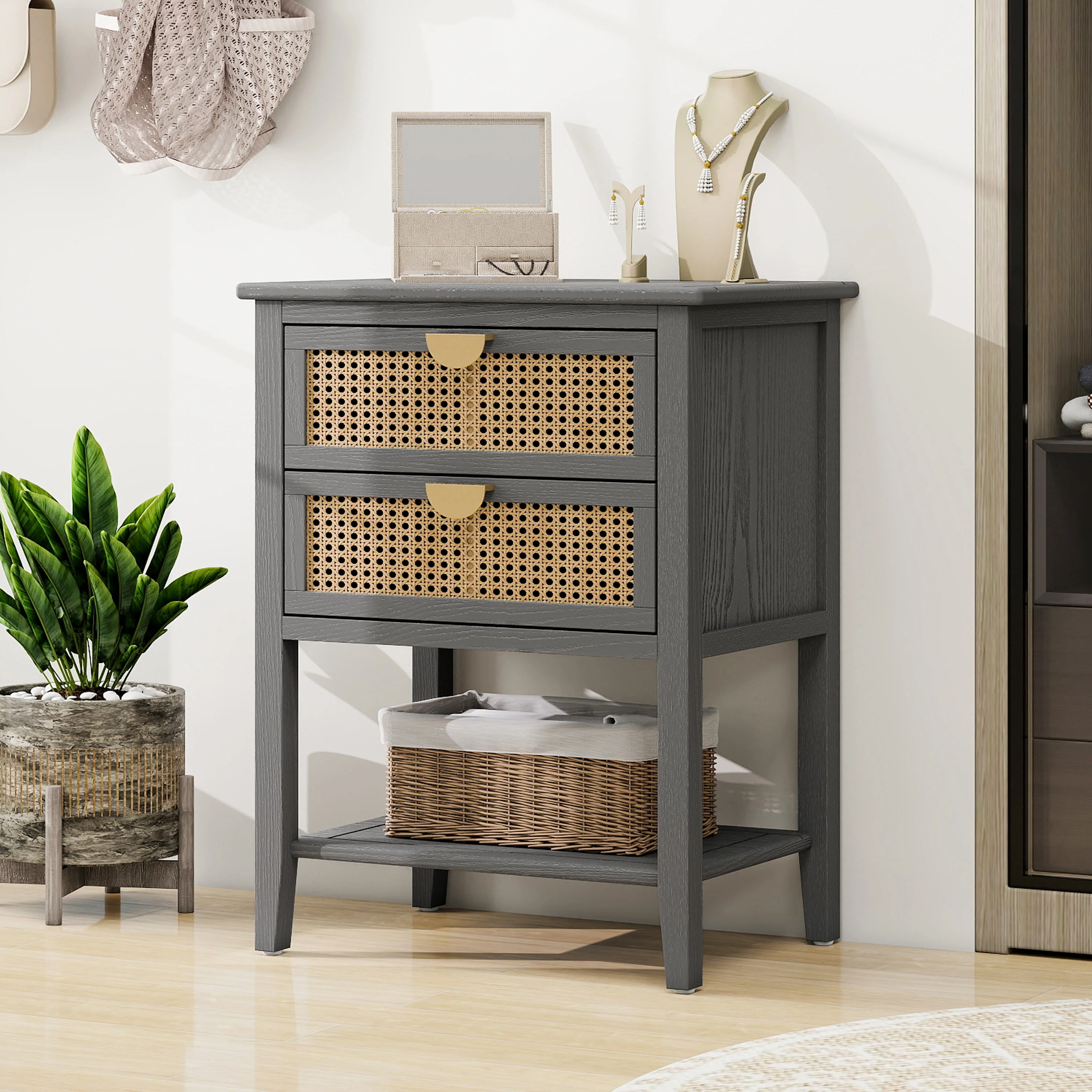 2-Drawer Side Table with Natural Rattan Drawers - Image 2