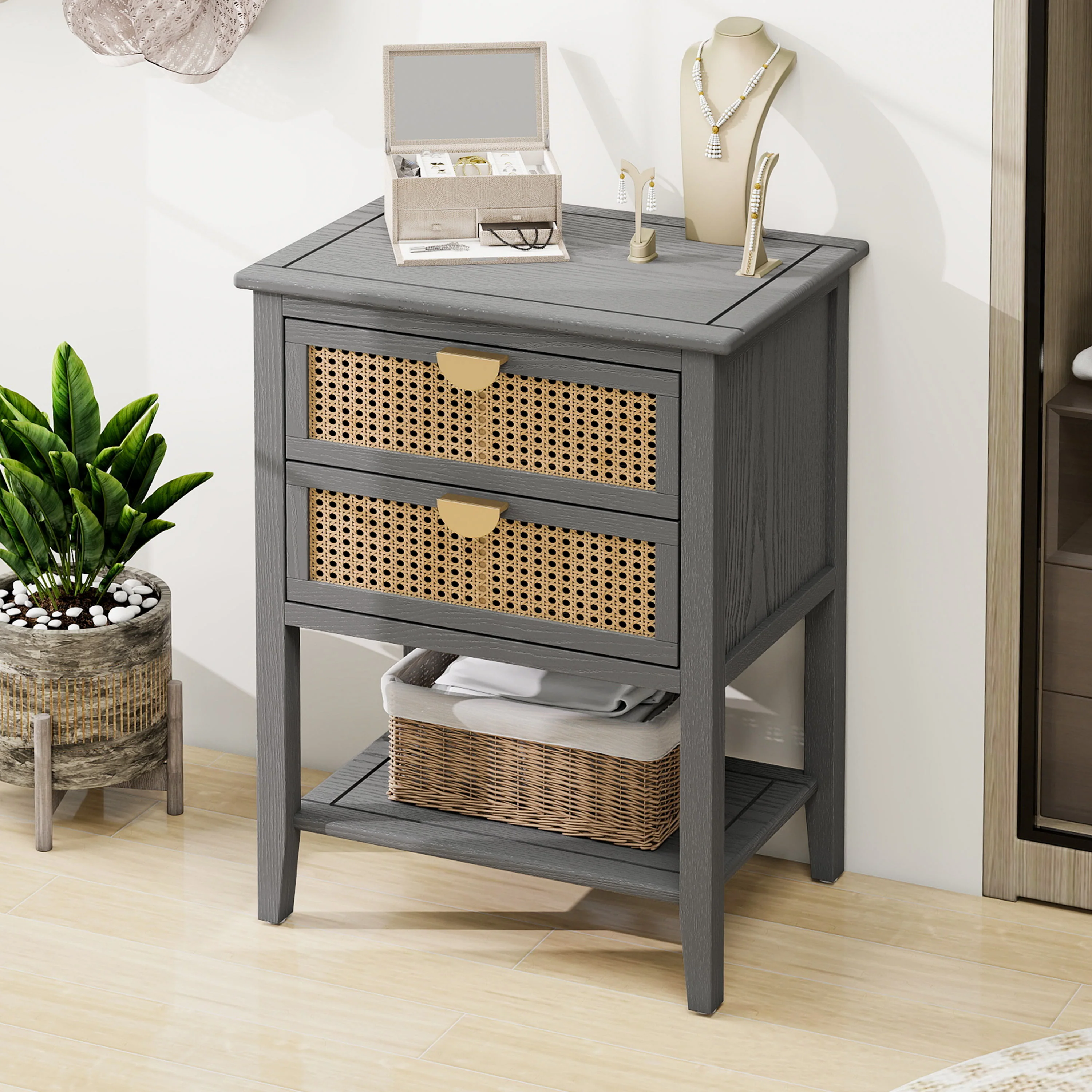 2-Drawer Side Table with Natural Rattan Drawers - Image 3