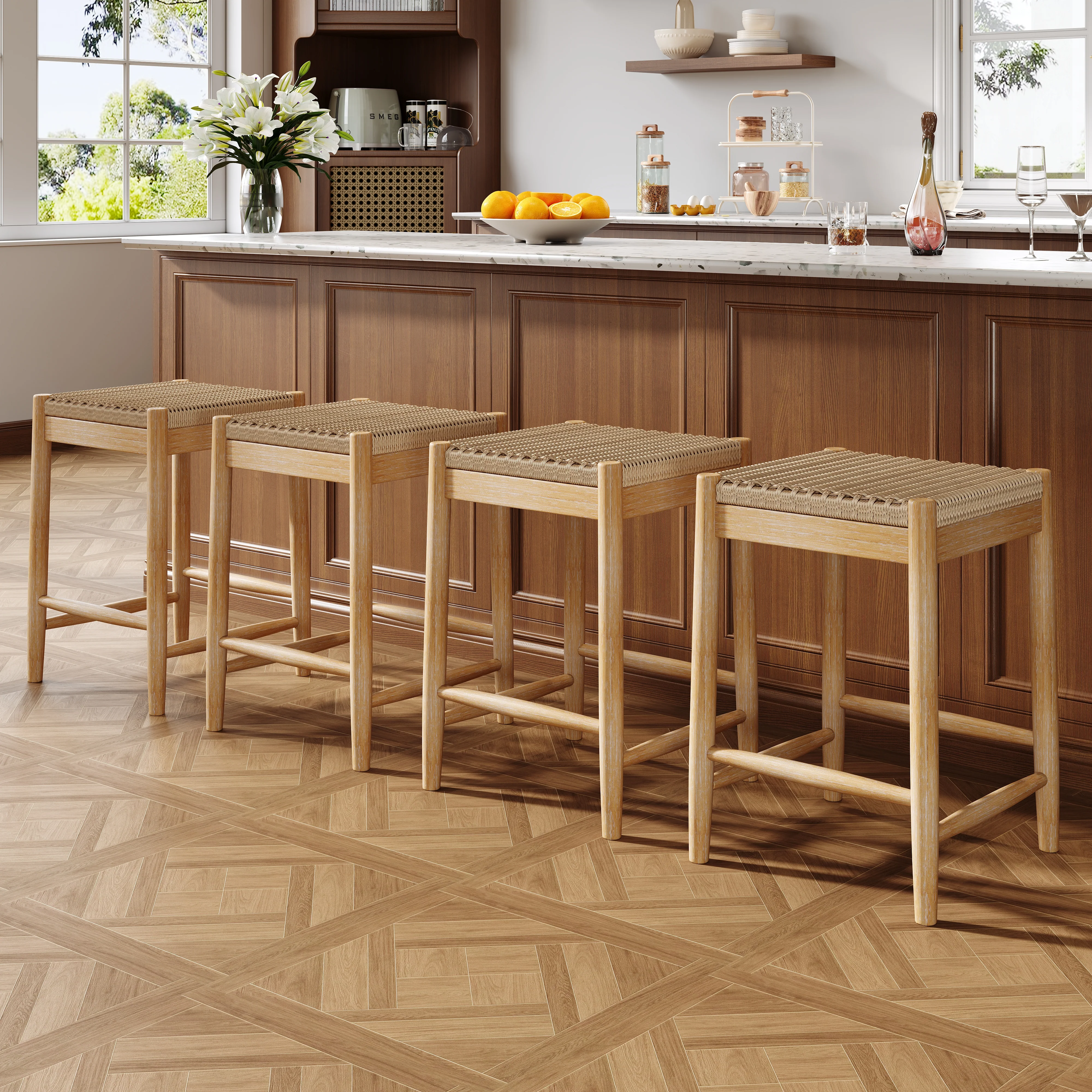 25.8" Boho Wicker Backless Stool Chairs with Acacia Wood Legs, Set of 2 - Image 3