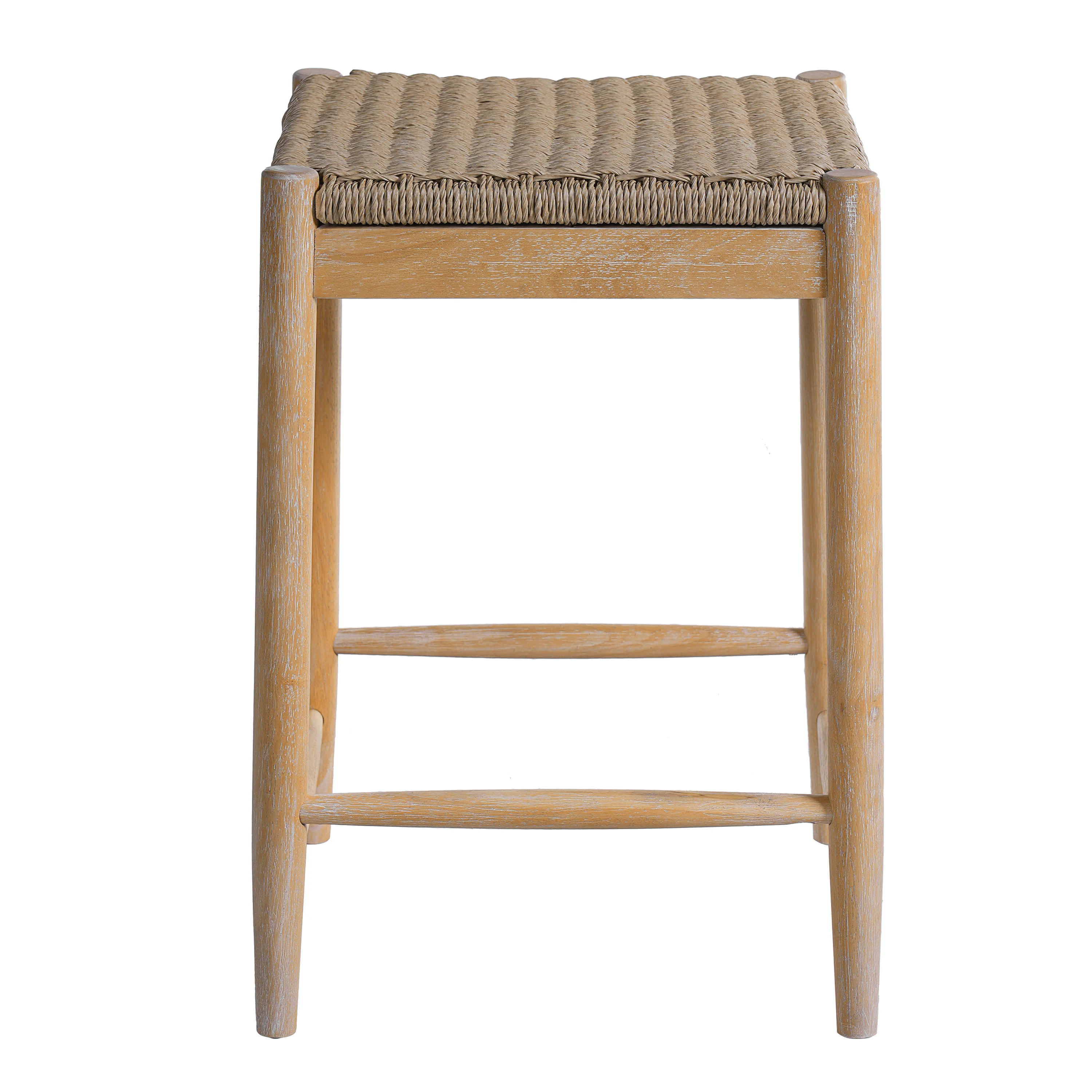 25.8" Boho Wicker Backless Stool Chairs with Acacia Wood Legs, Set of 2 - Image 4
