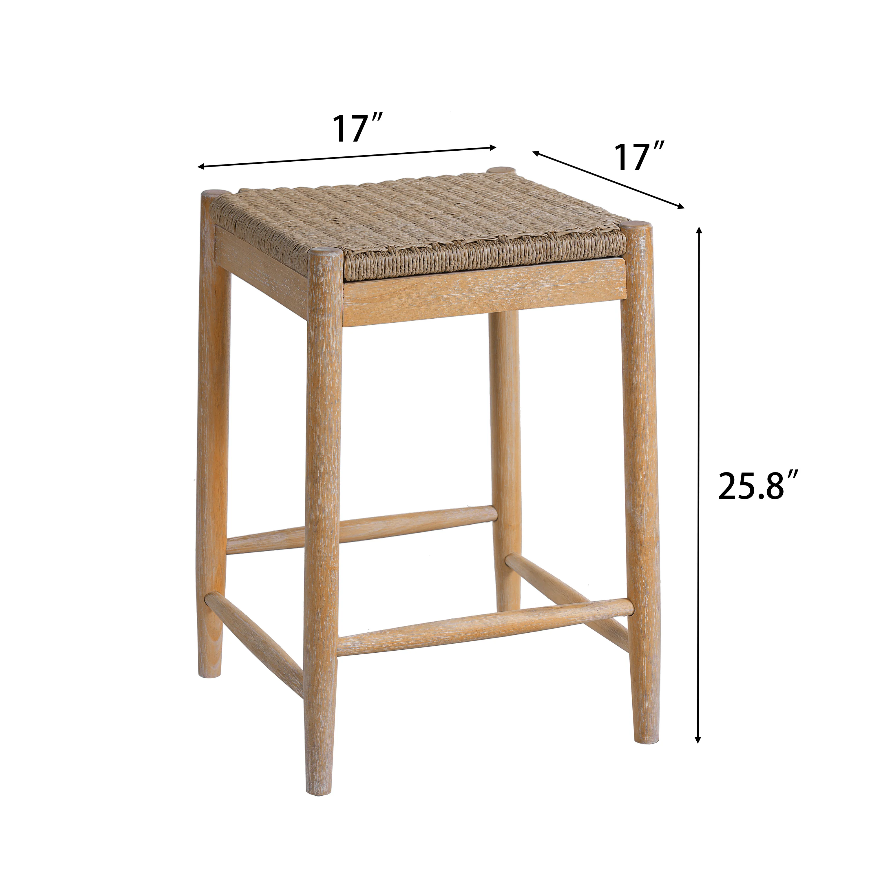 25.8" Boho Wicker Backless Stool Chairs with Acacia Wood Legs, Set of 2 - Image 5