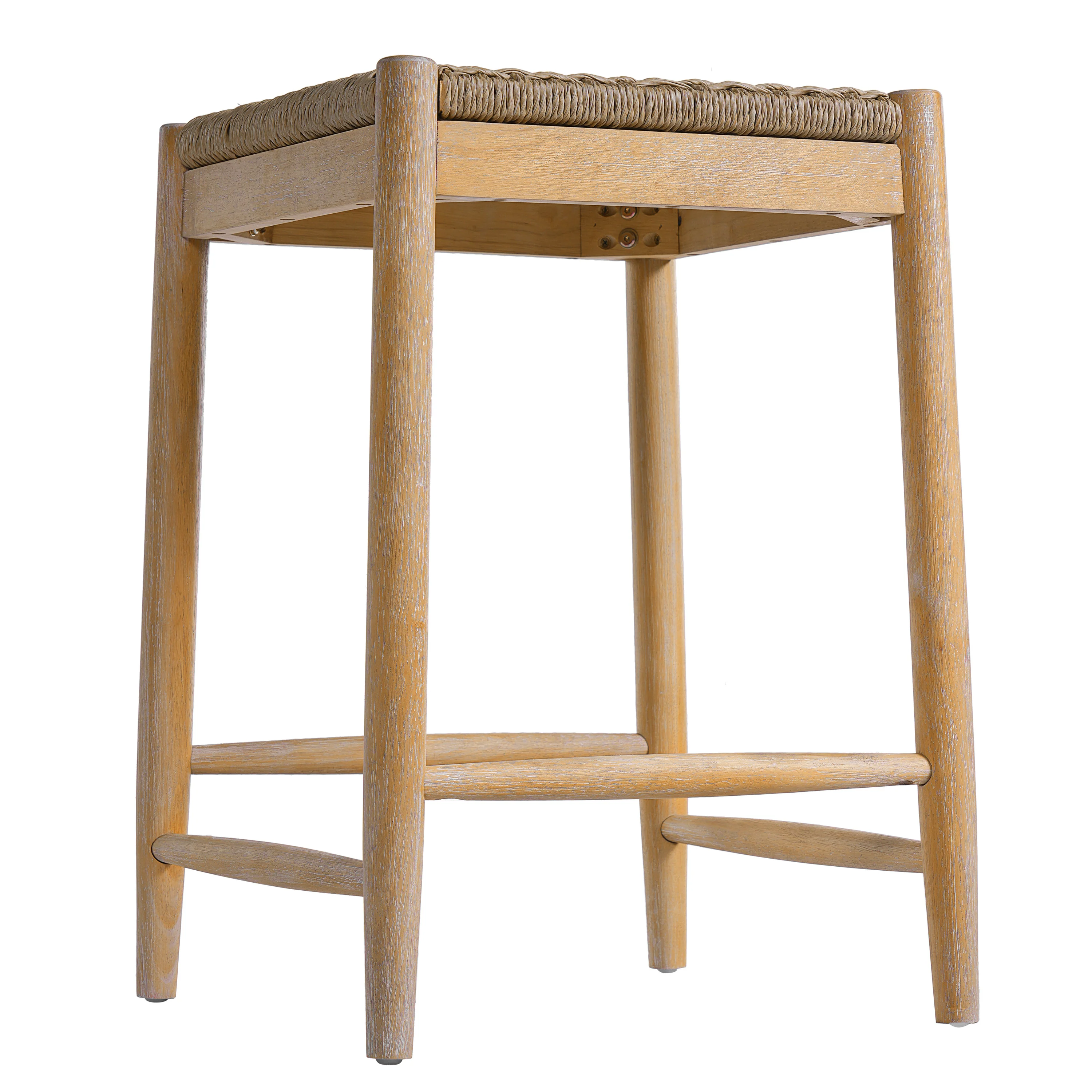 25.8" Boho Wicker Backless Stool Chairs with Acacia Wood Legs, Set of 2 - Image 6