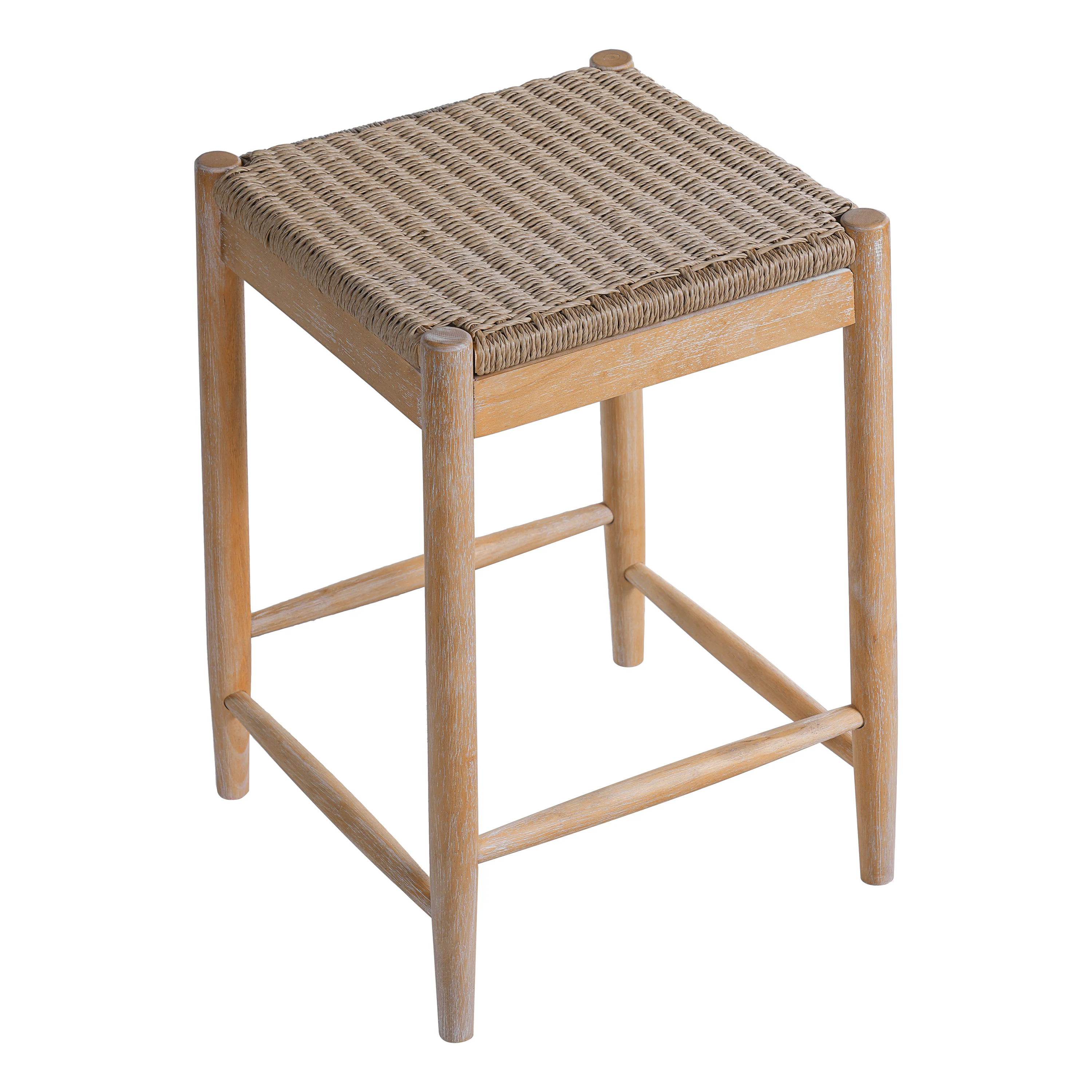 25.8" Boho Wicker Backless Stool Chairs with Acacia Wood Legs, Set of 2 - Image 7