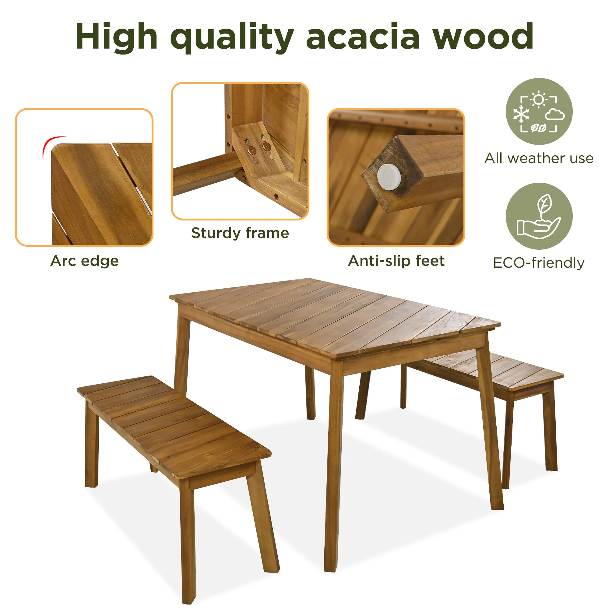 3-Piece Acacia Wood Dining Set with Dining Table and Bench - Image 3