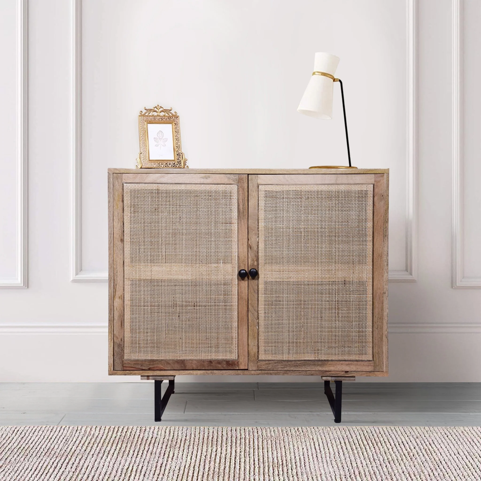 35 Inch Handcrafted Accent Cabinet with 2 Mesh Rattan Doors, Black Iron Legs, Natural Brown Mango Wood Frame - Image 10