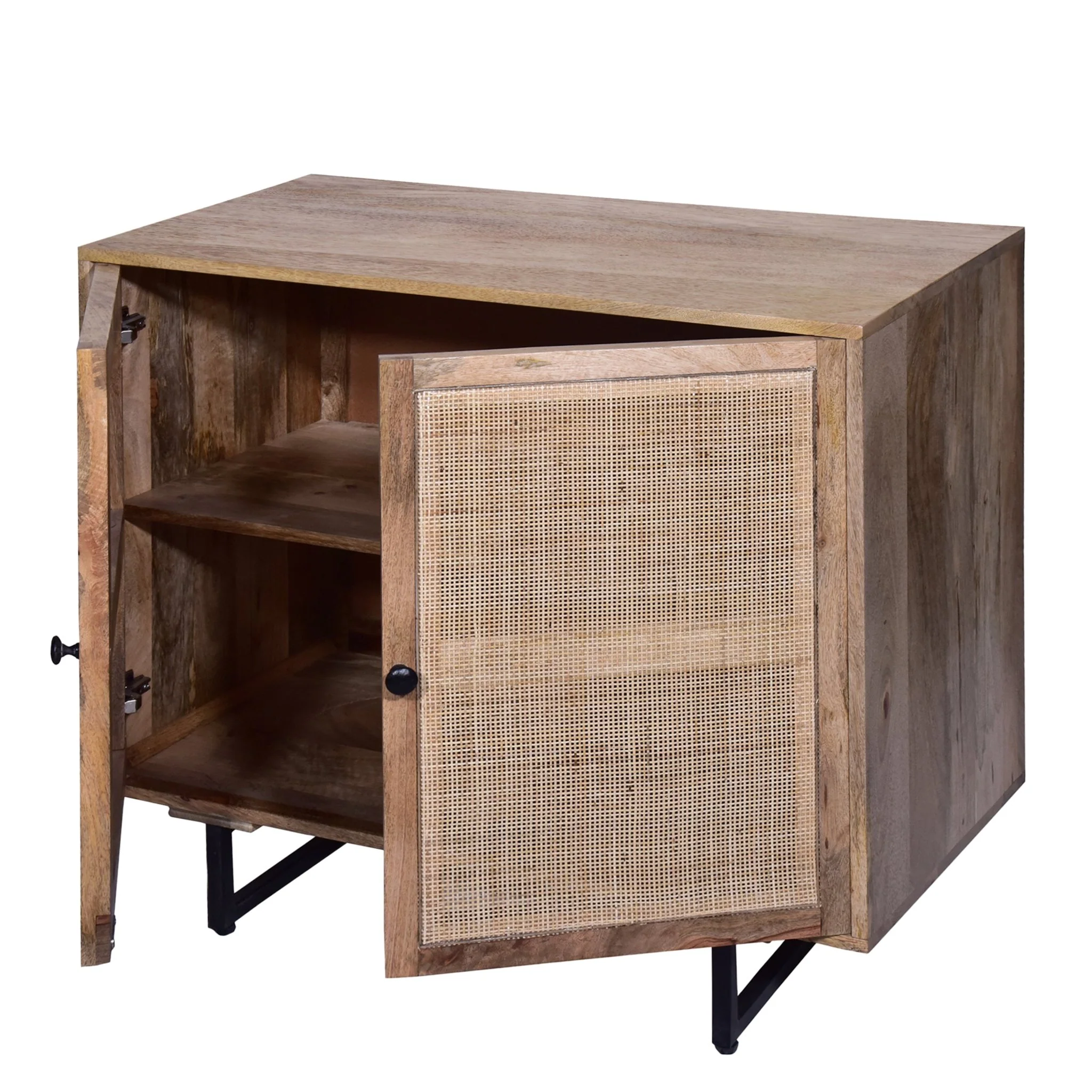 35 Inch Handcrafted Accent Cabinet with 2 Mesh Rattan Doors, Black Iron Legs, Natural Brown Mango Wood Frame - Image 4