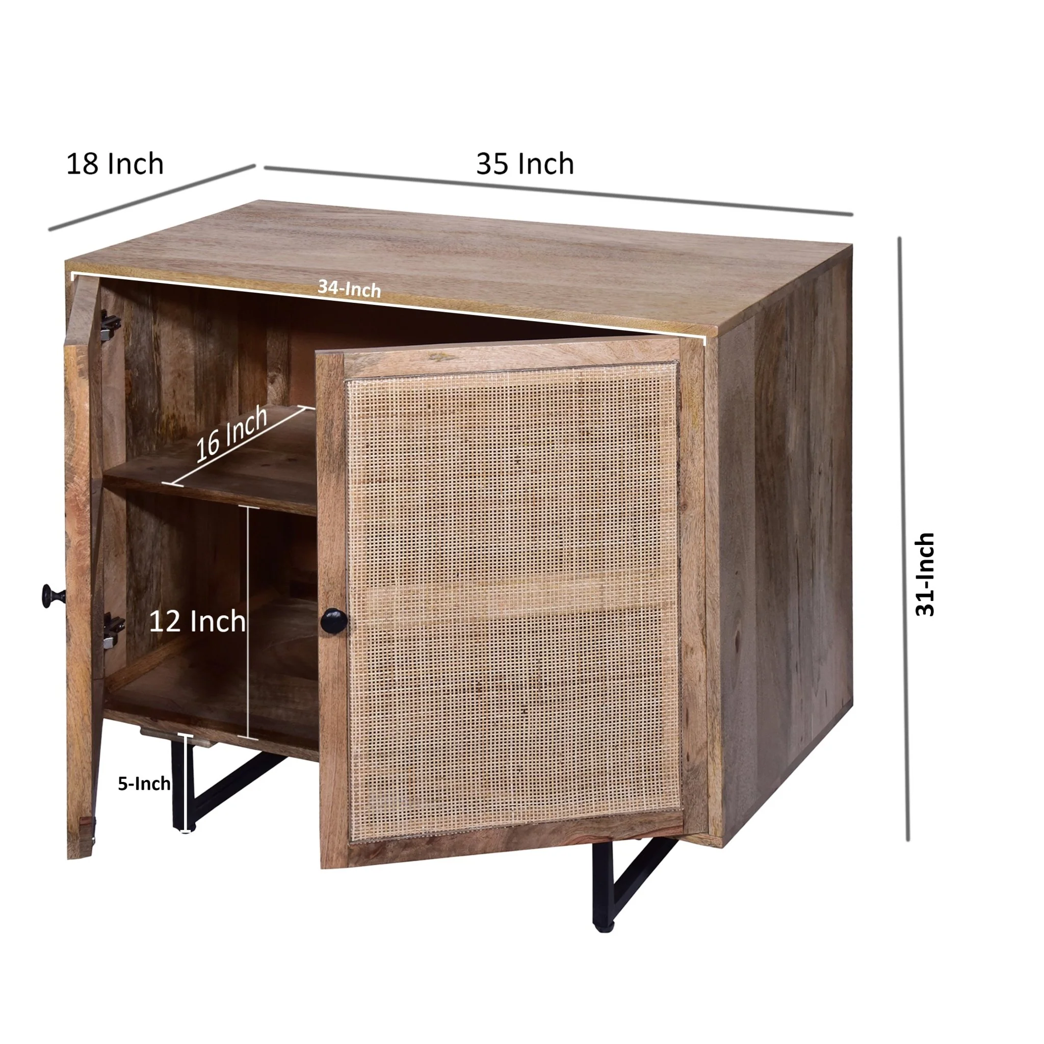 35 Inch Handcrafted Accent Cabinet with 2 Mesh Rattan Doors, Black Iron Legs, Natural Brown Mango Wood Frame - Image 7