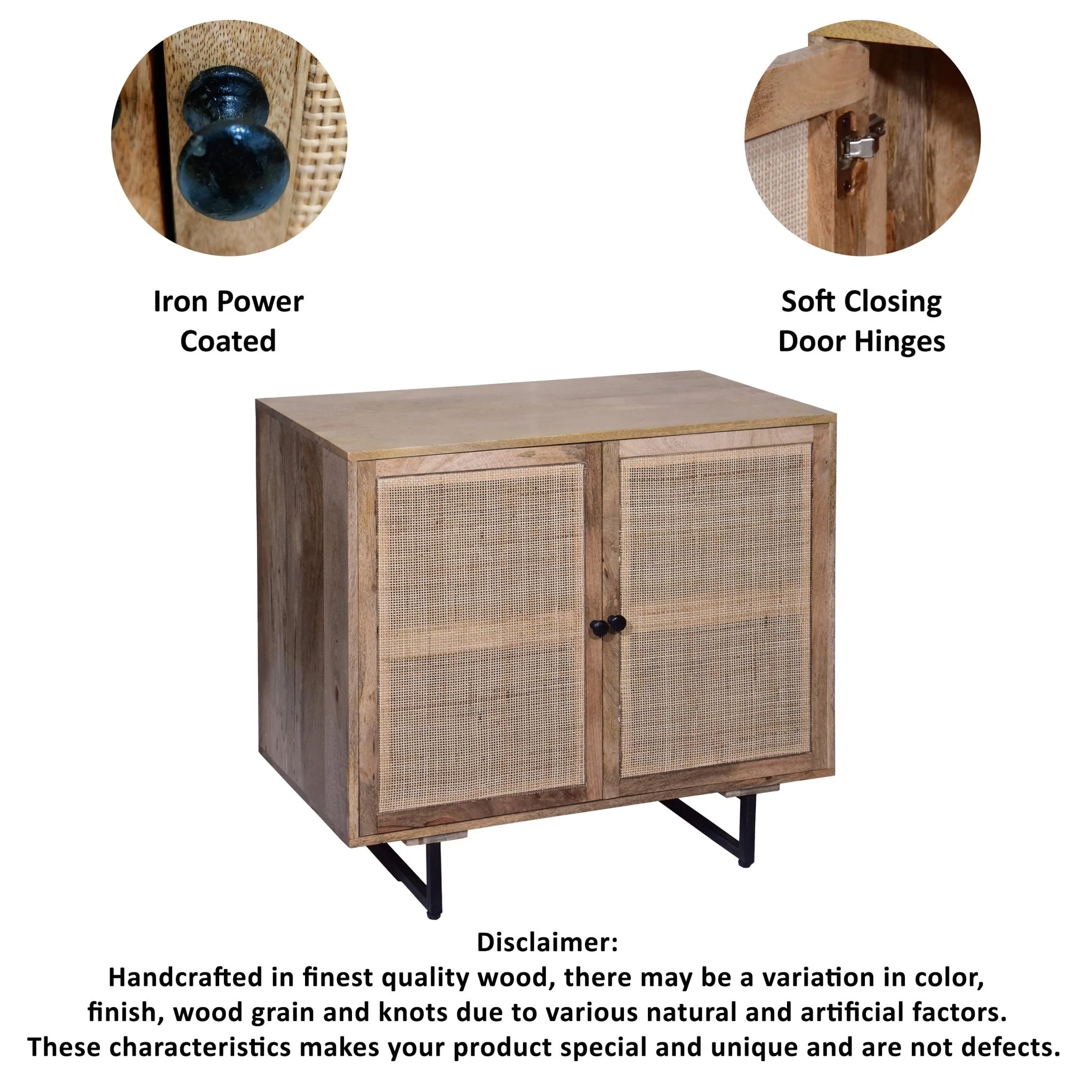 35 Inch Handcrafted Accent Cabinet with 2 Mesh Rattan Doors, Black Iron Legs, Natural Brown Mango Wood Frame - Image 8