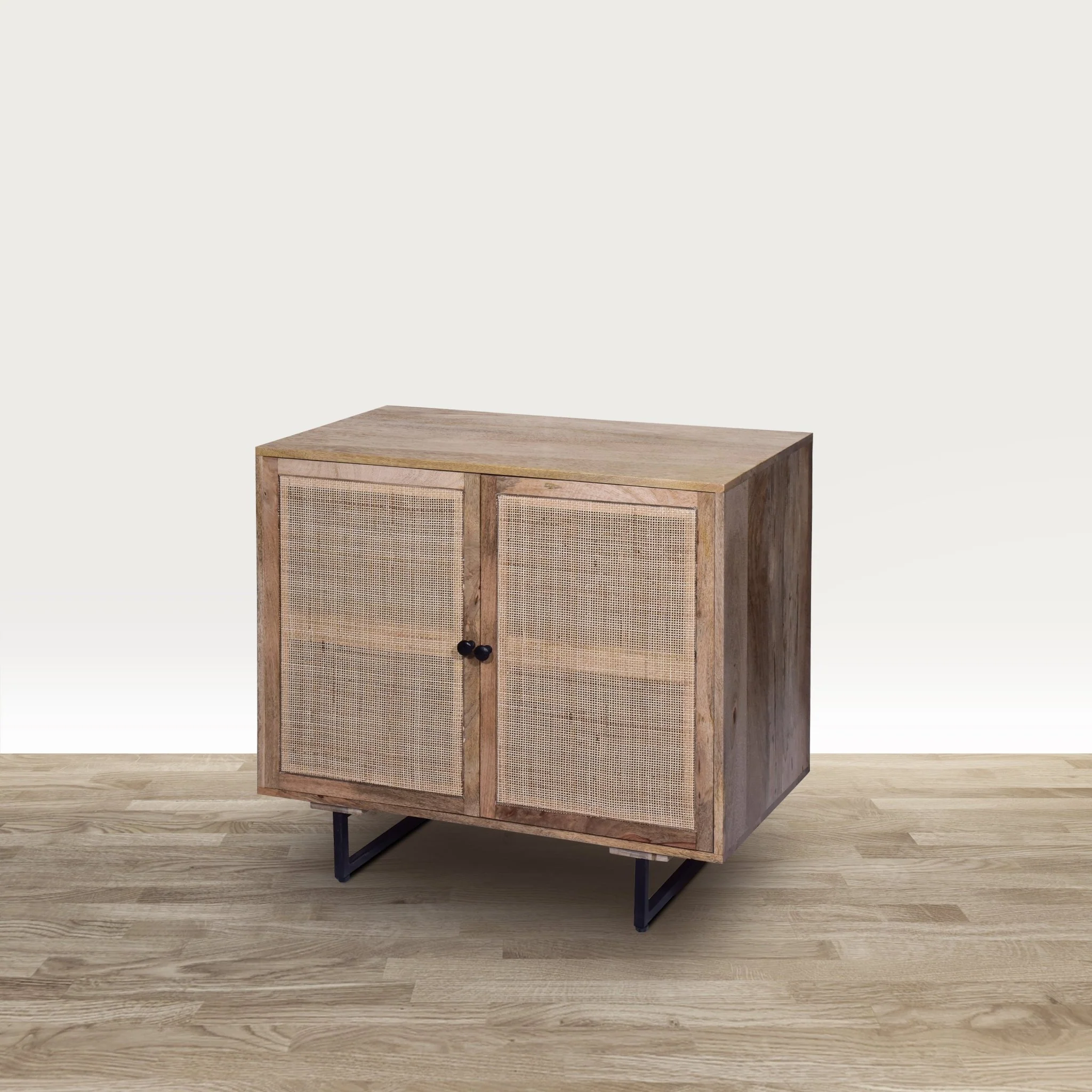 35 Inch Handcrafted Accent Cabinet with 2 Mesh Rattan Doors, Black Iron Legs, Natural Brown Mango Wood Frame - Image 9