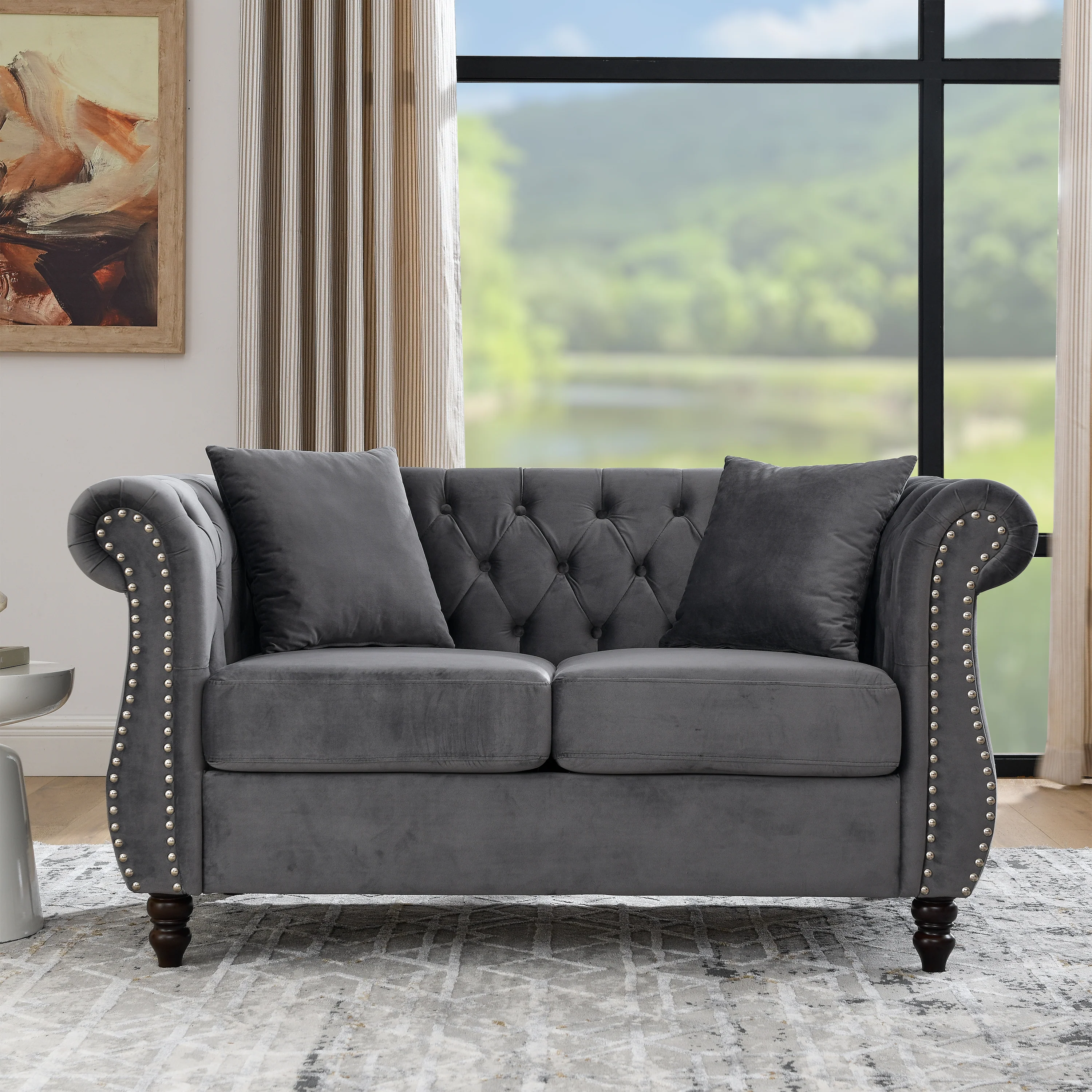 Nailhead Velvet Chesterfield Loveseat - Image 27