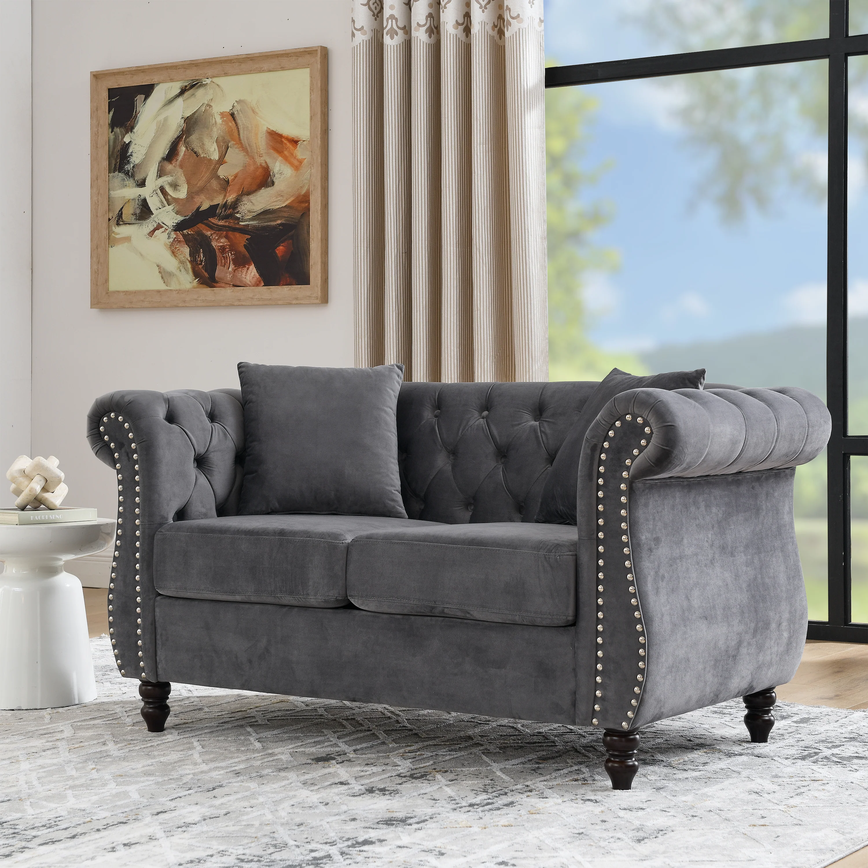 Nailhead Velvet Chesterfield Loveseat - Image 28