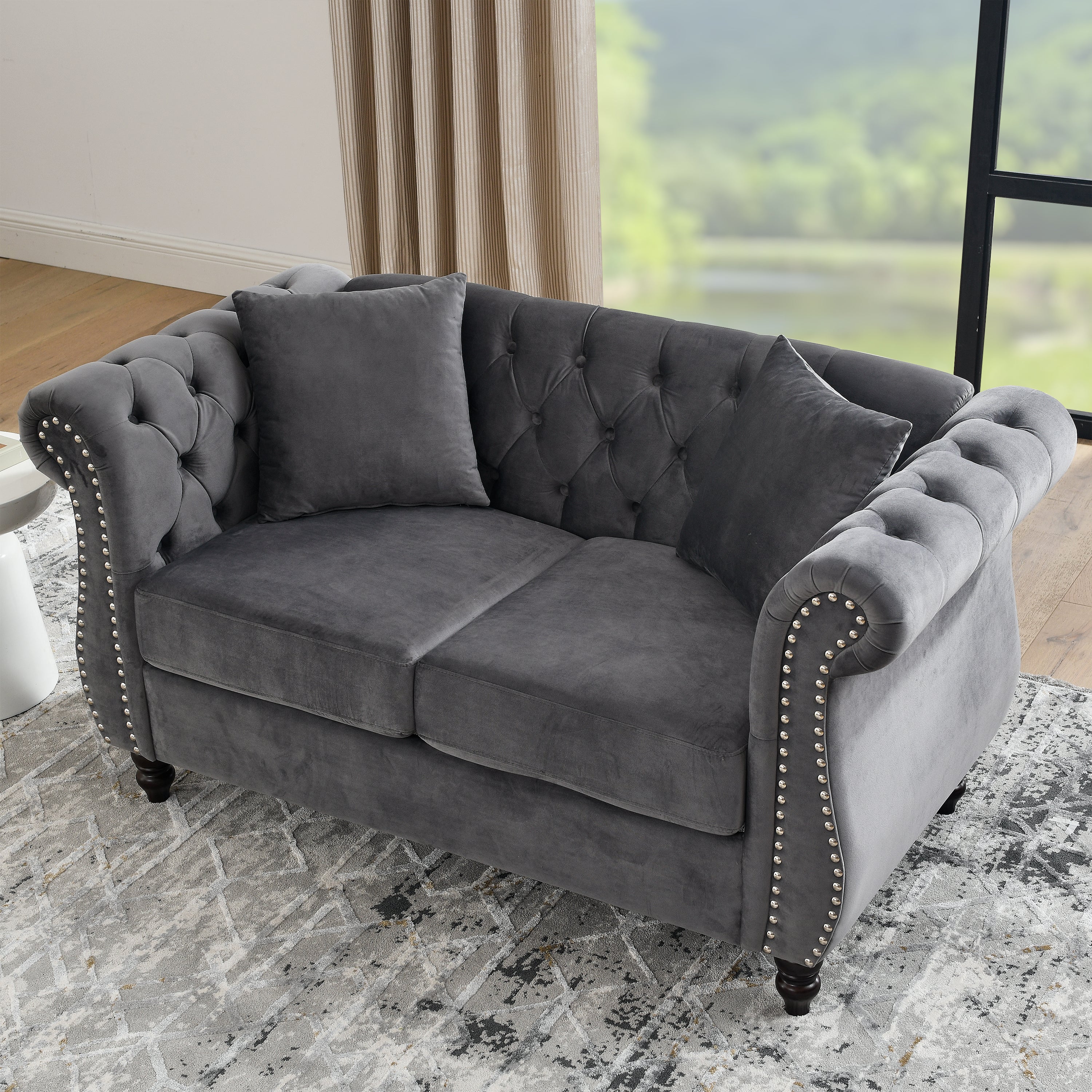 Nailhead Velvet Chesterfield Loveseat - Image 29