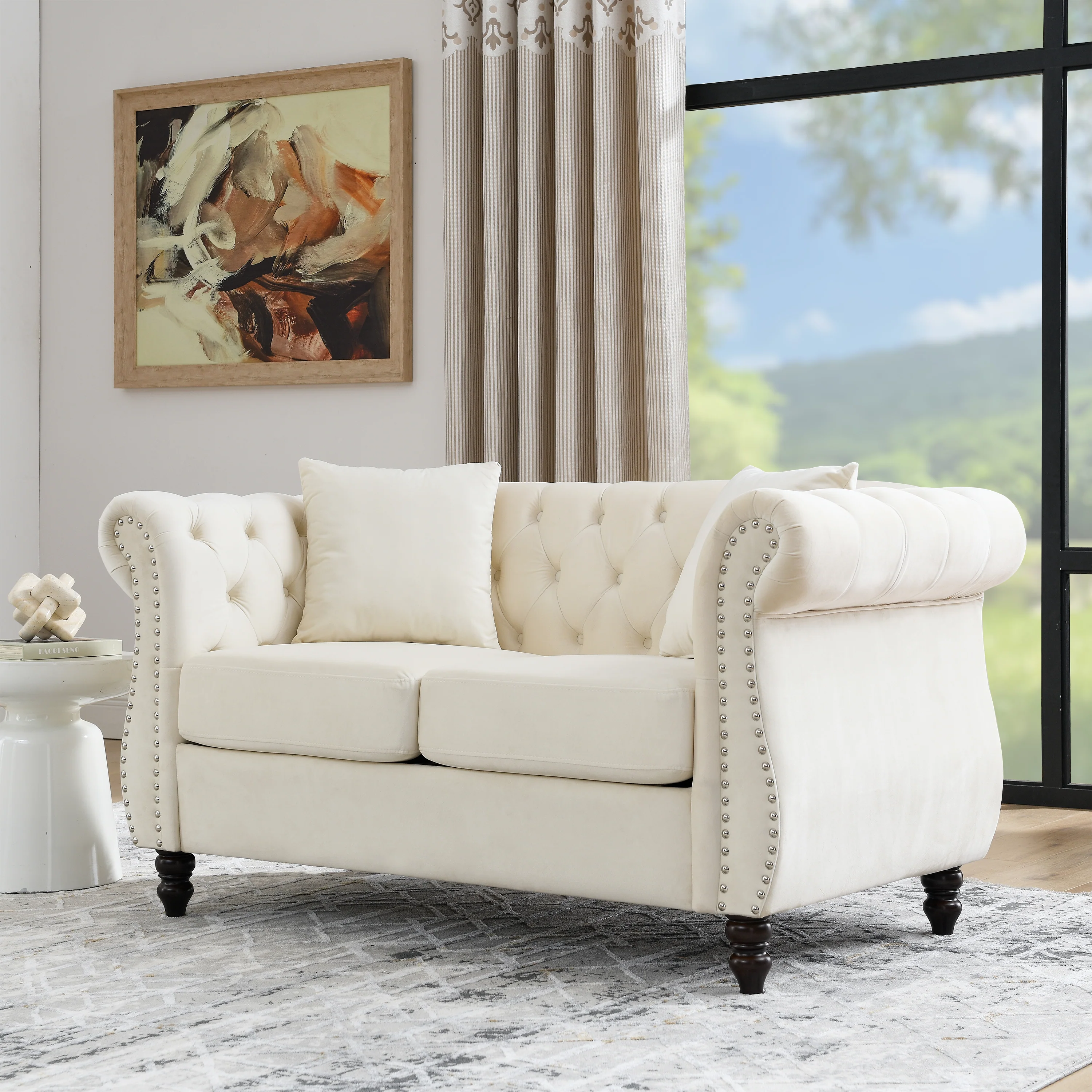 Nailhead Velvet Chesterfield Loveseat - Image 4