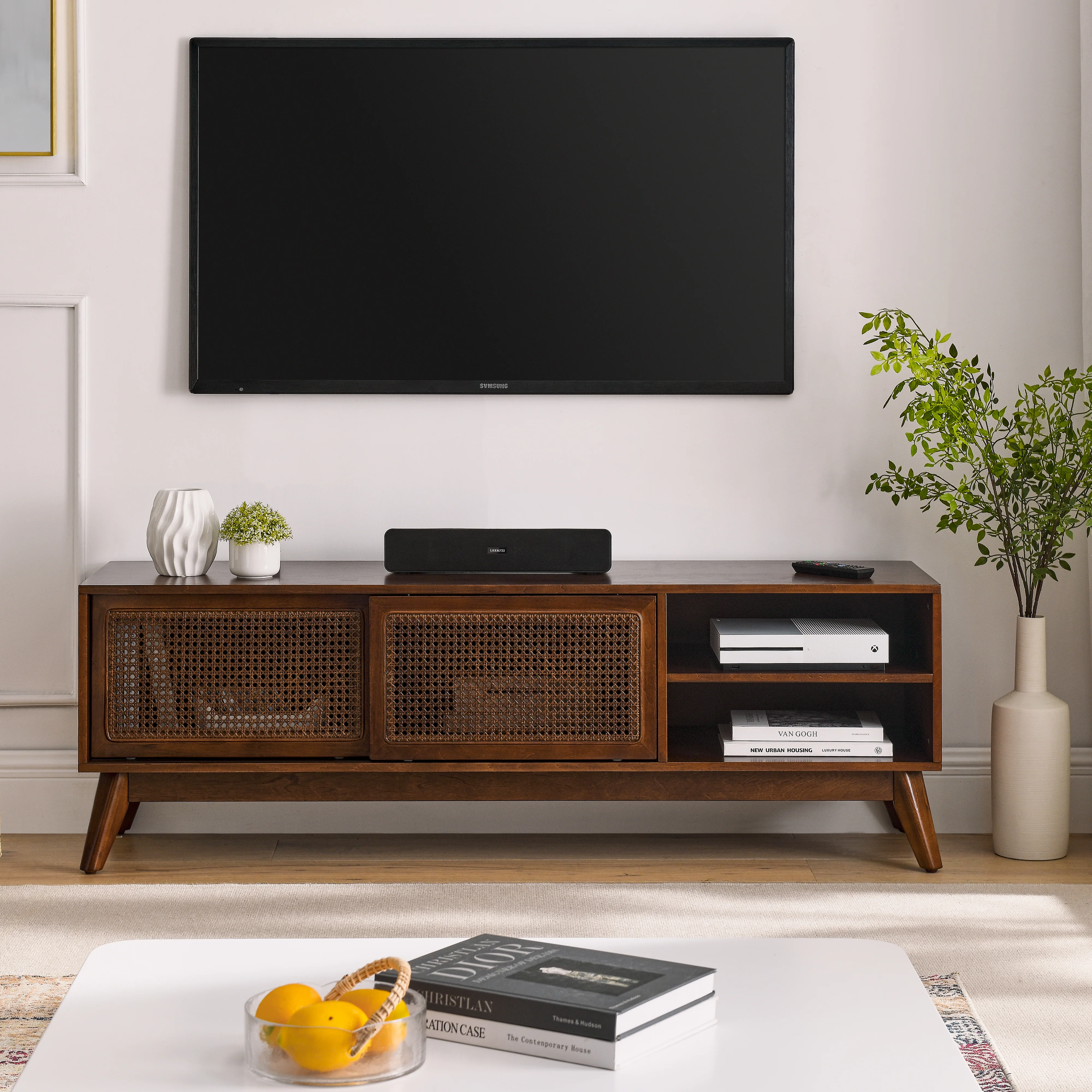 Mid Century Modern Rattan TV Stand for 65 Inch TV