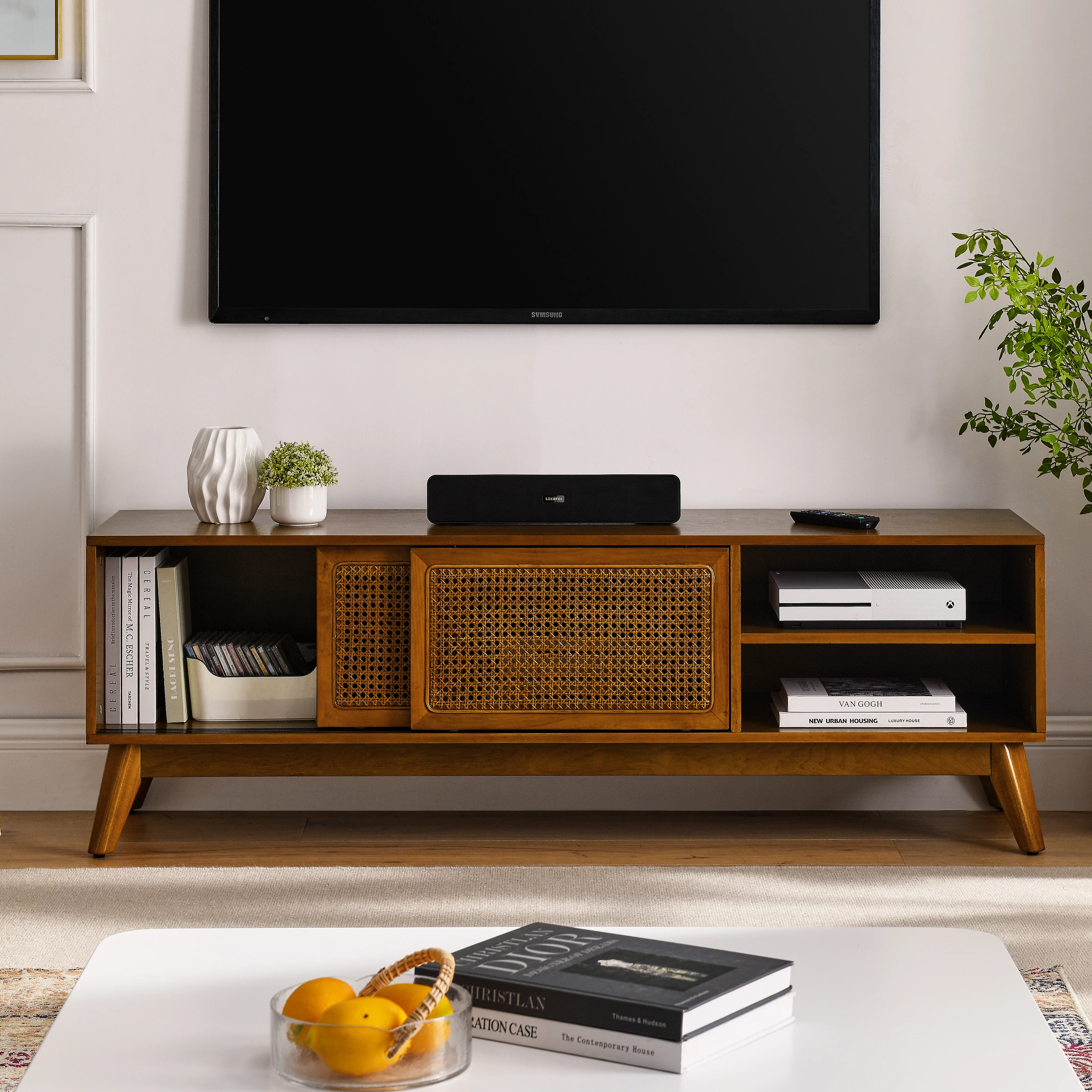 Mid Century Modern Rattan TV Stand for 65 Inch TV - Image 10