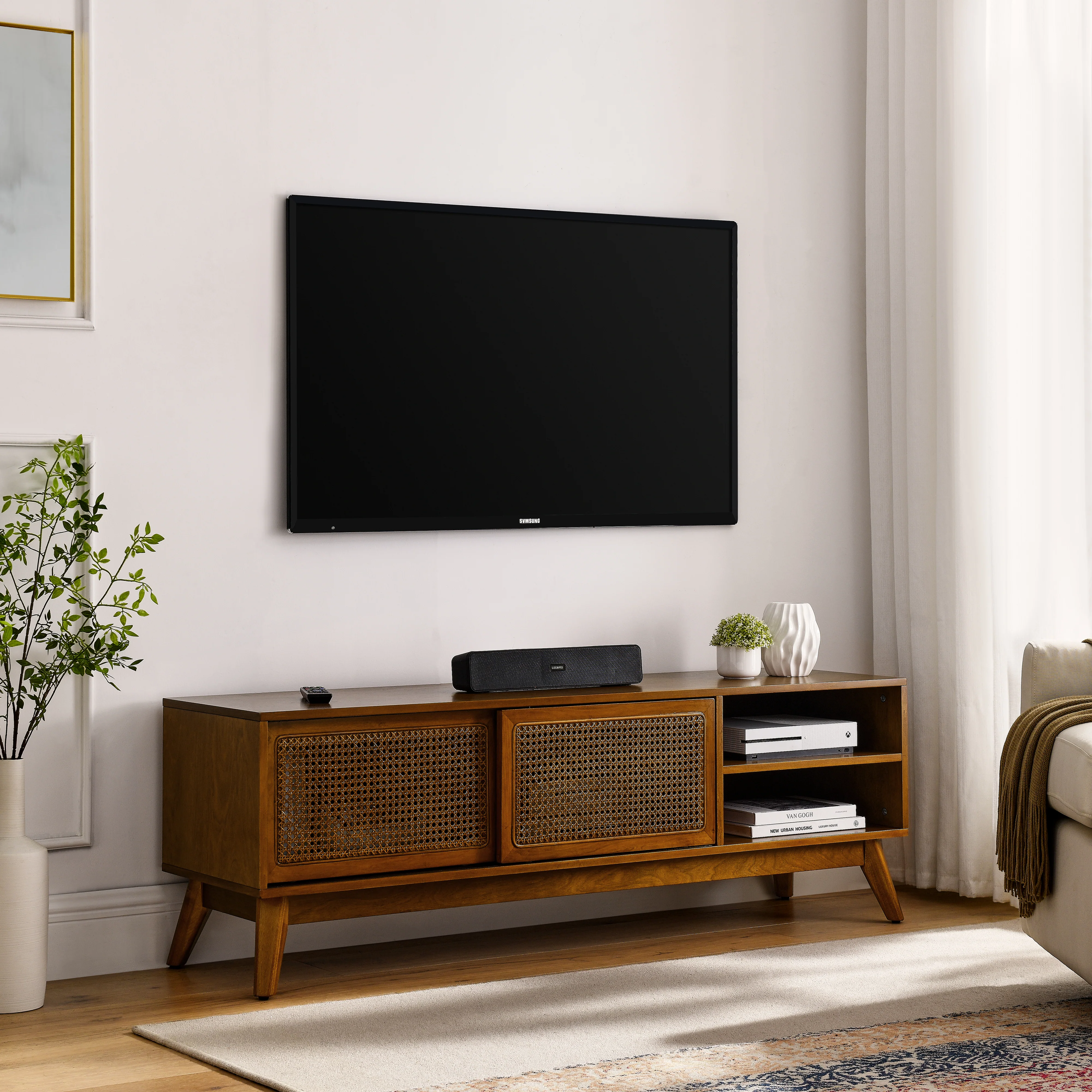 Mid Century Modern Rattan TV Stand for 65 Inch TV - Image 11