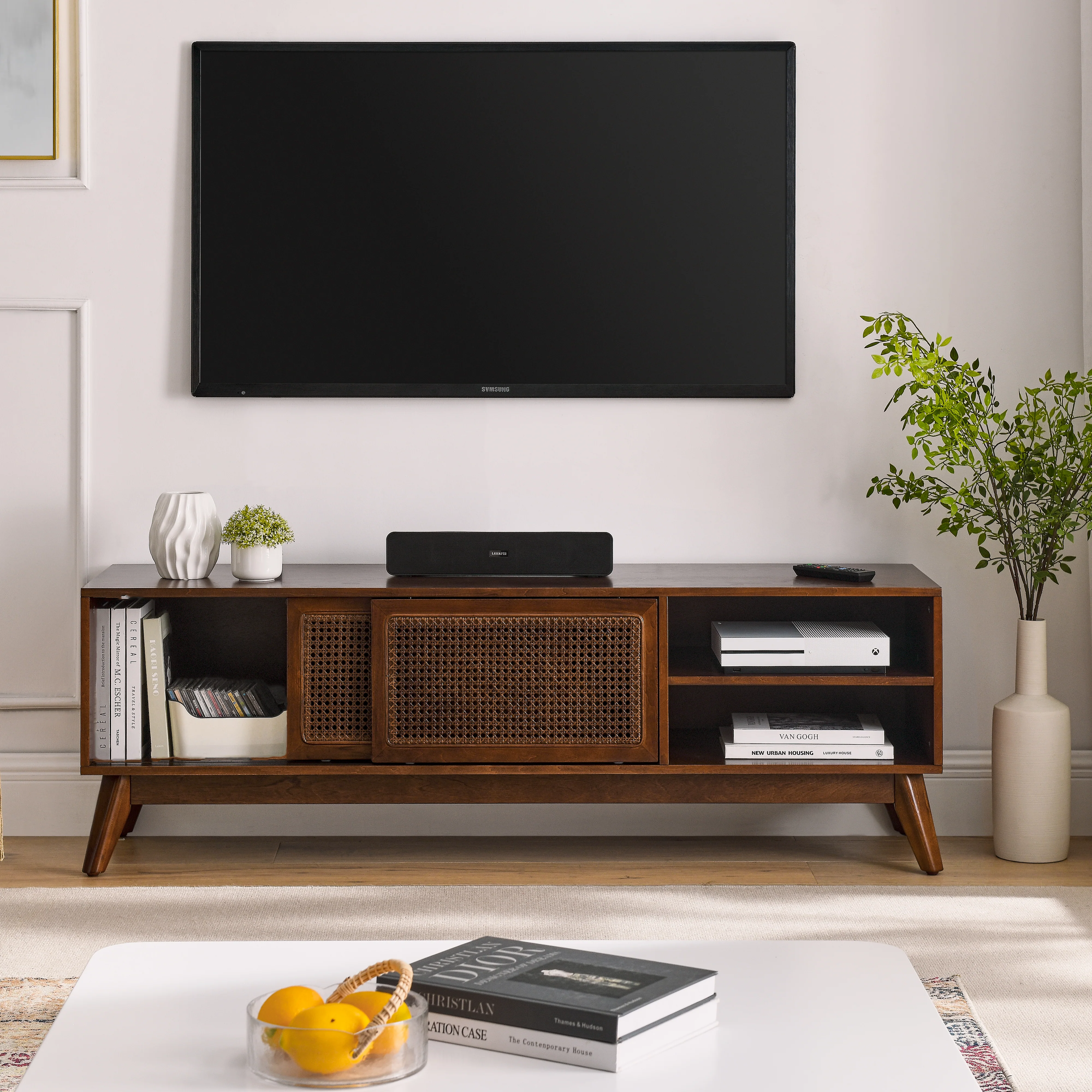 Mid Century Modern Rattan TV Stand for 65 Inch TV - Image 2