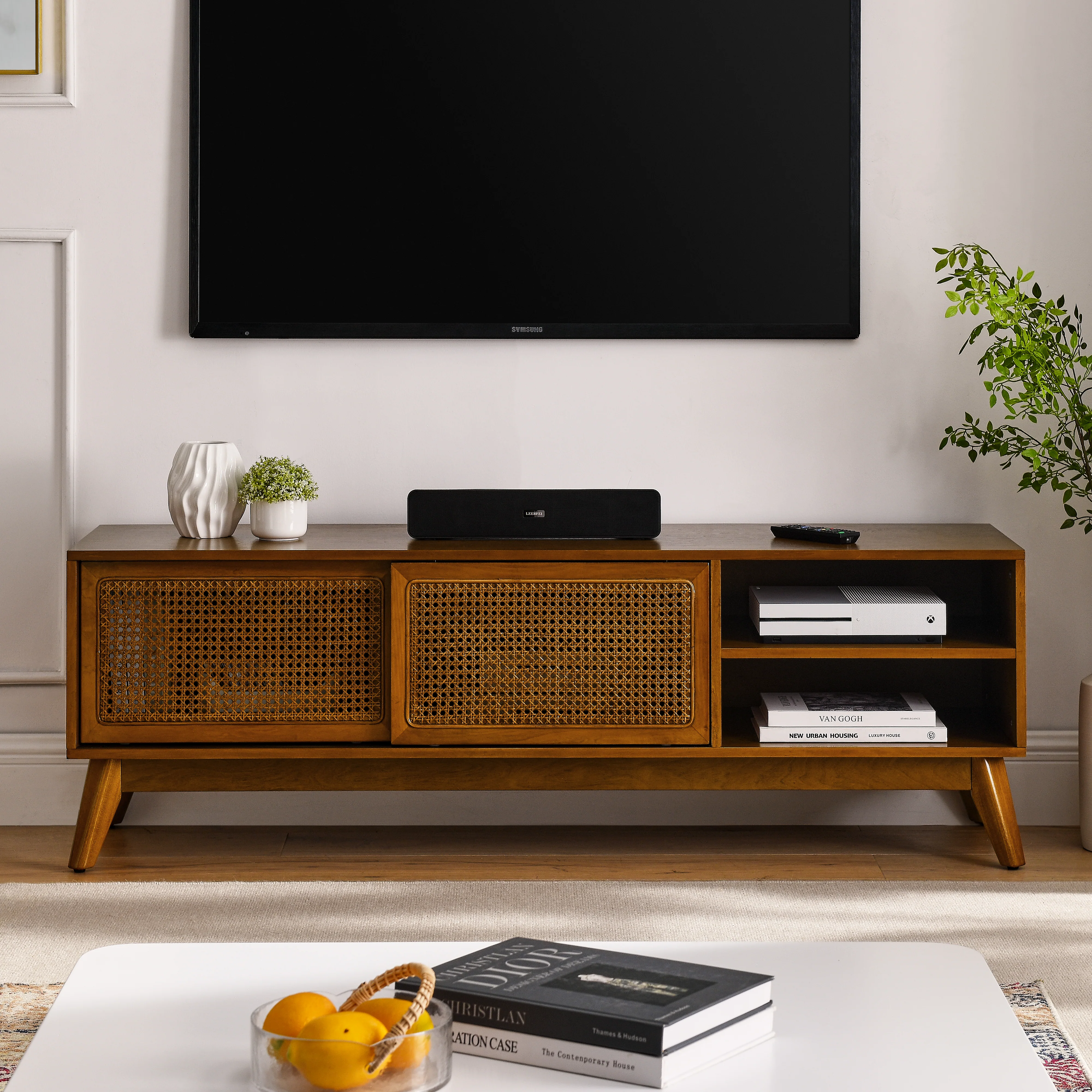 Mid Century Modern Rattan TV Stand for 65 Inch TV - Image 9