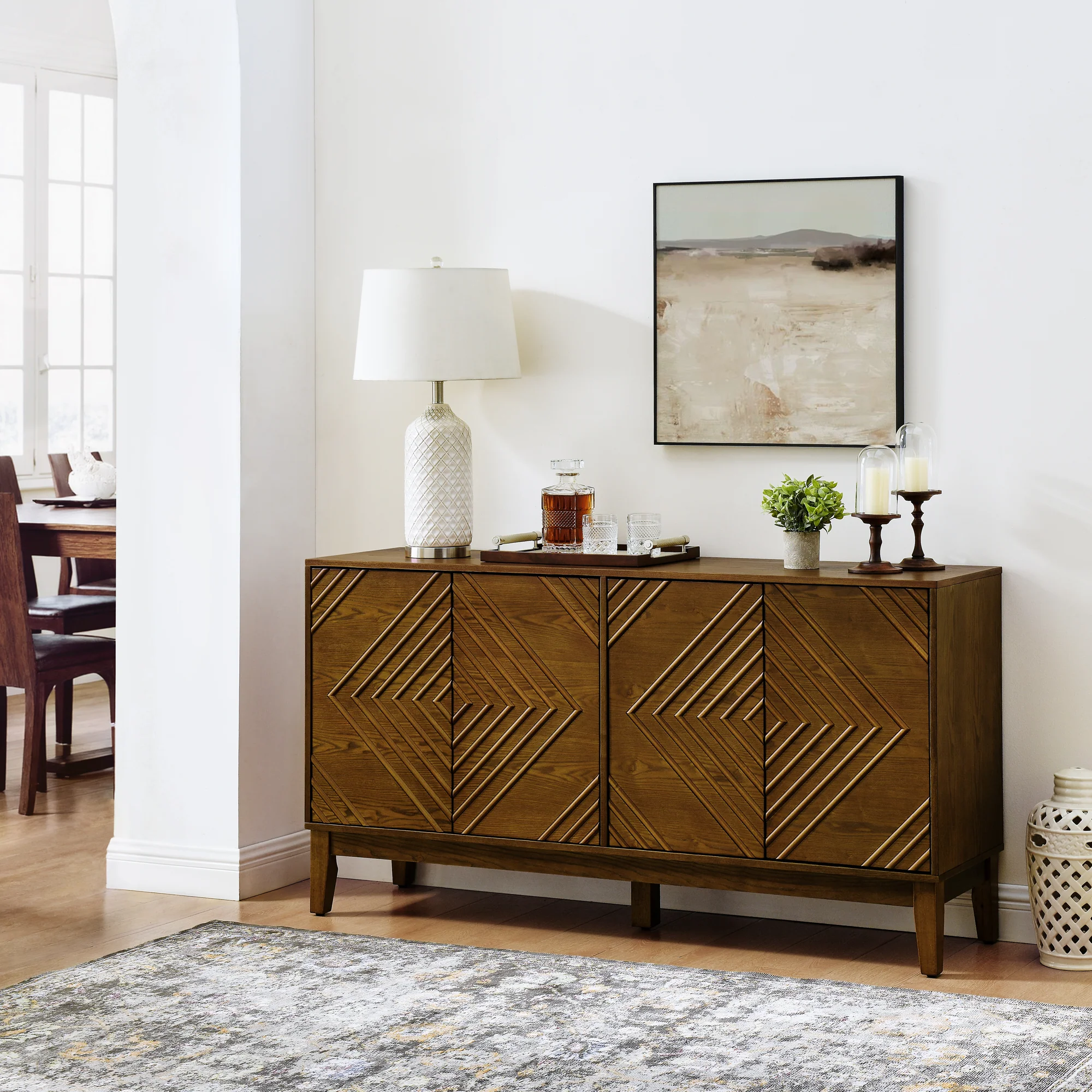 Diamond Fluted Sideboard Storage Cabinet with Adjustable Shelves - Image 2