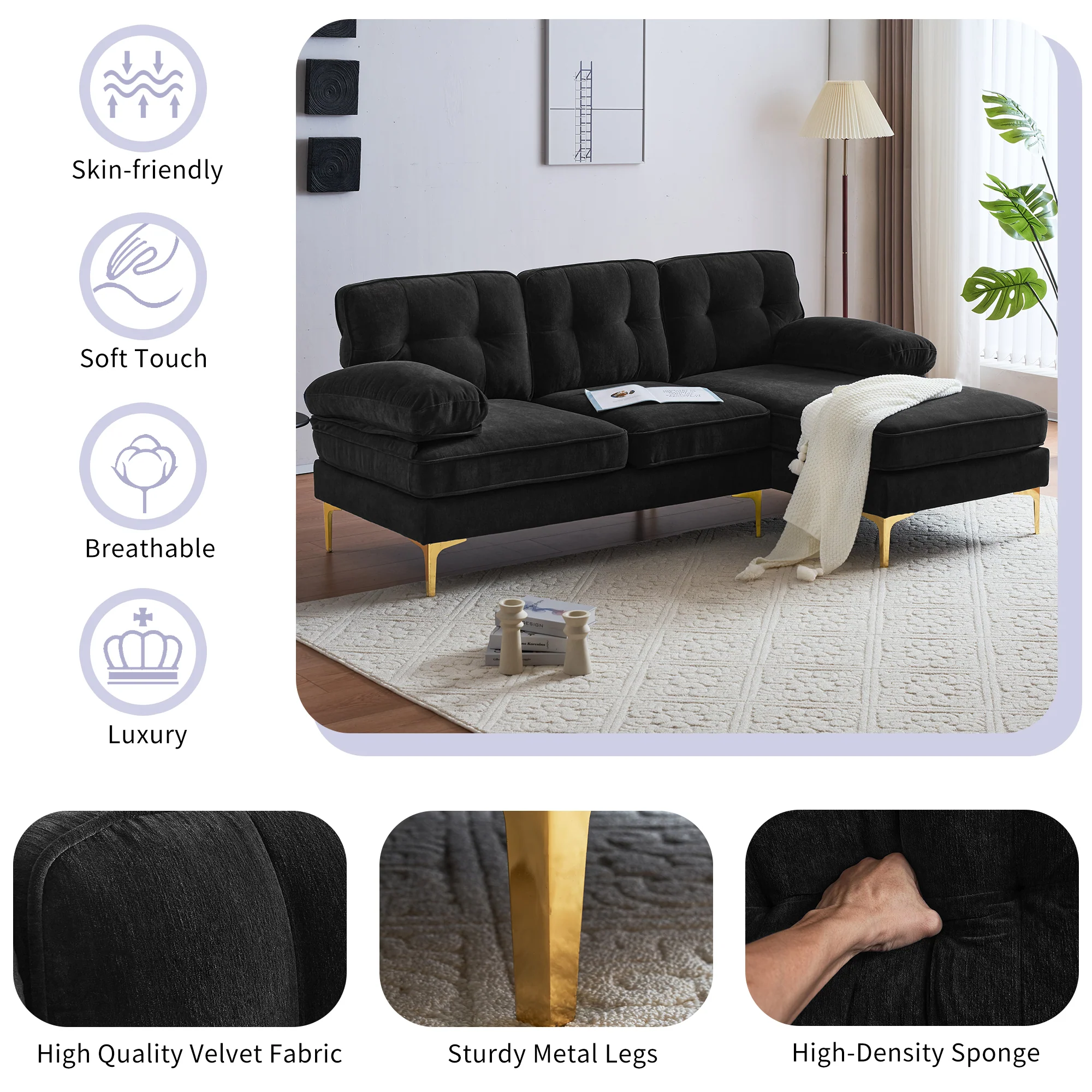 Modern Tufted Velvet L-Shape Sofa - Image 22