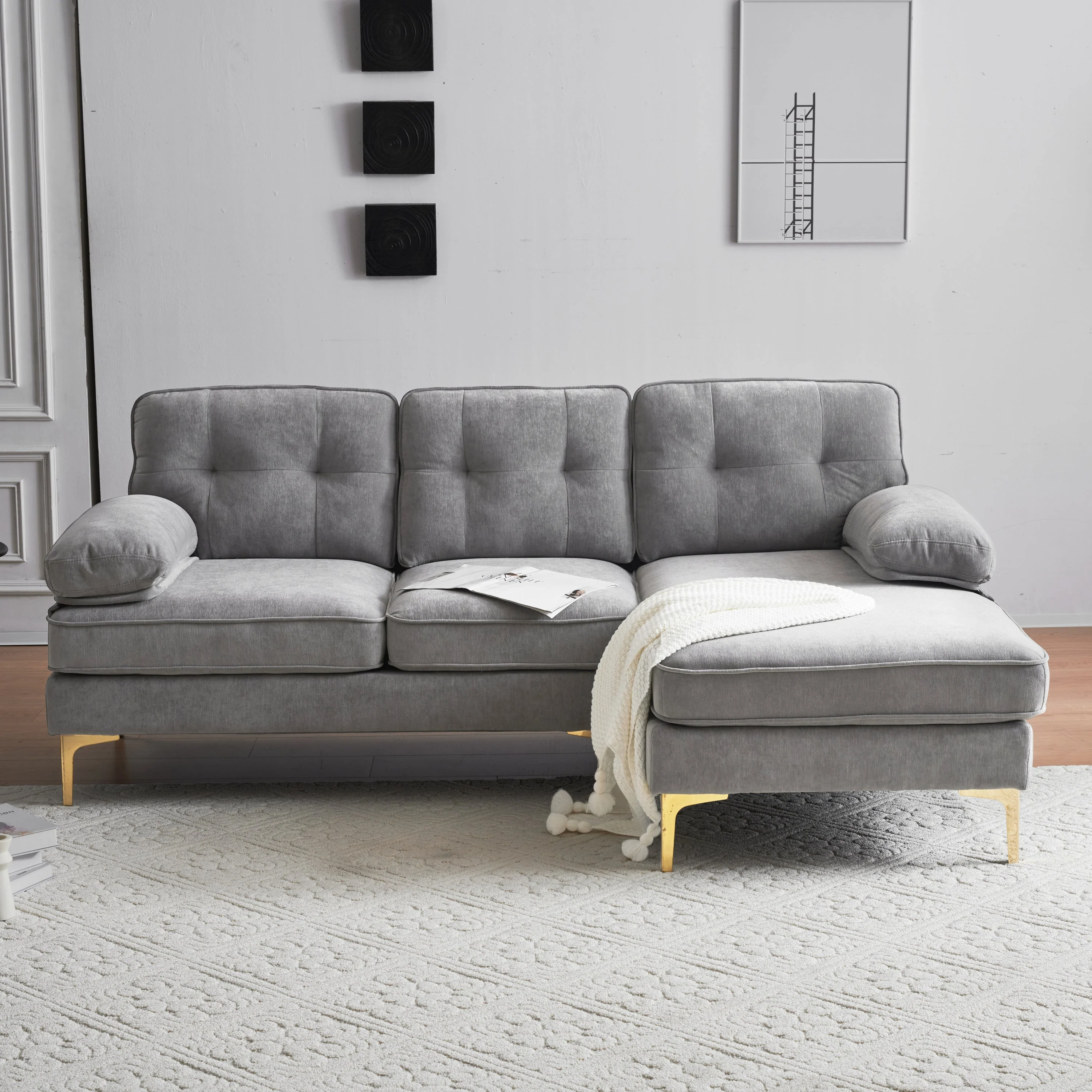 Modern Tufted Velvet L-Shape Sofa - Image 3