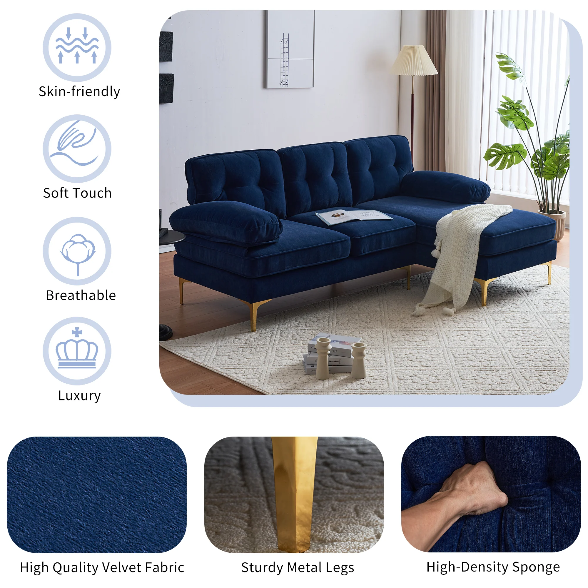 Modern Tufted Velvet L-Shape Sofa - Image 4