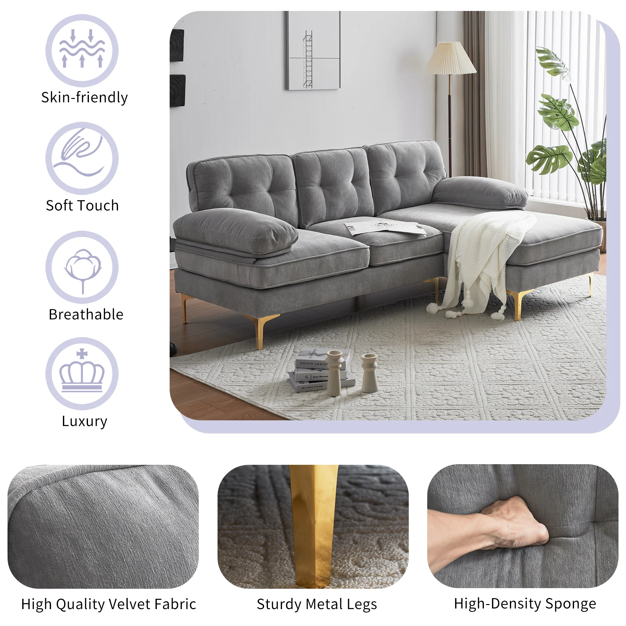 Modern Tufted Velvet L-Shape Sofa - Image 40