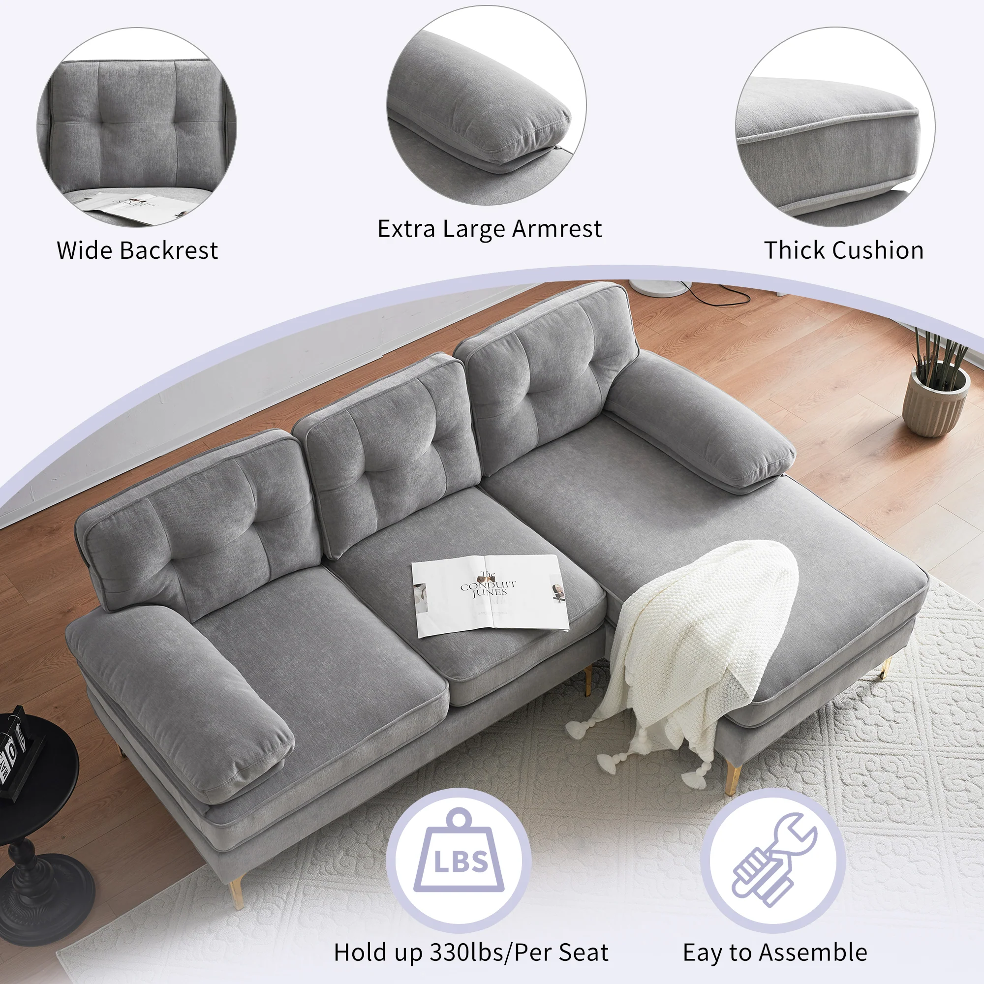 Modern Tufted Velvet L-Shape Sofa - Image 41