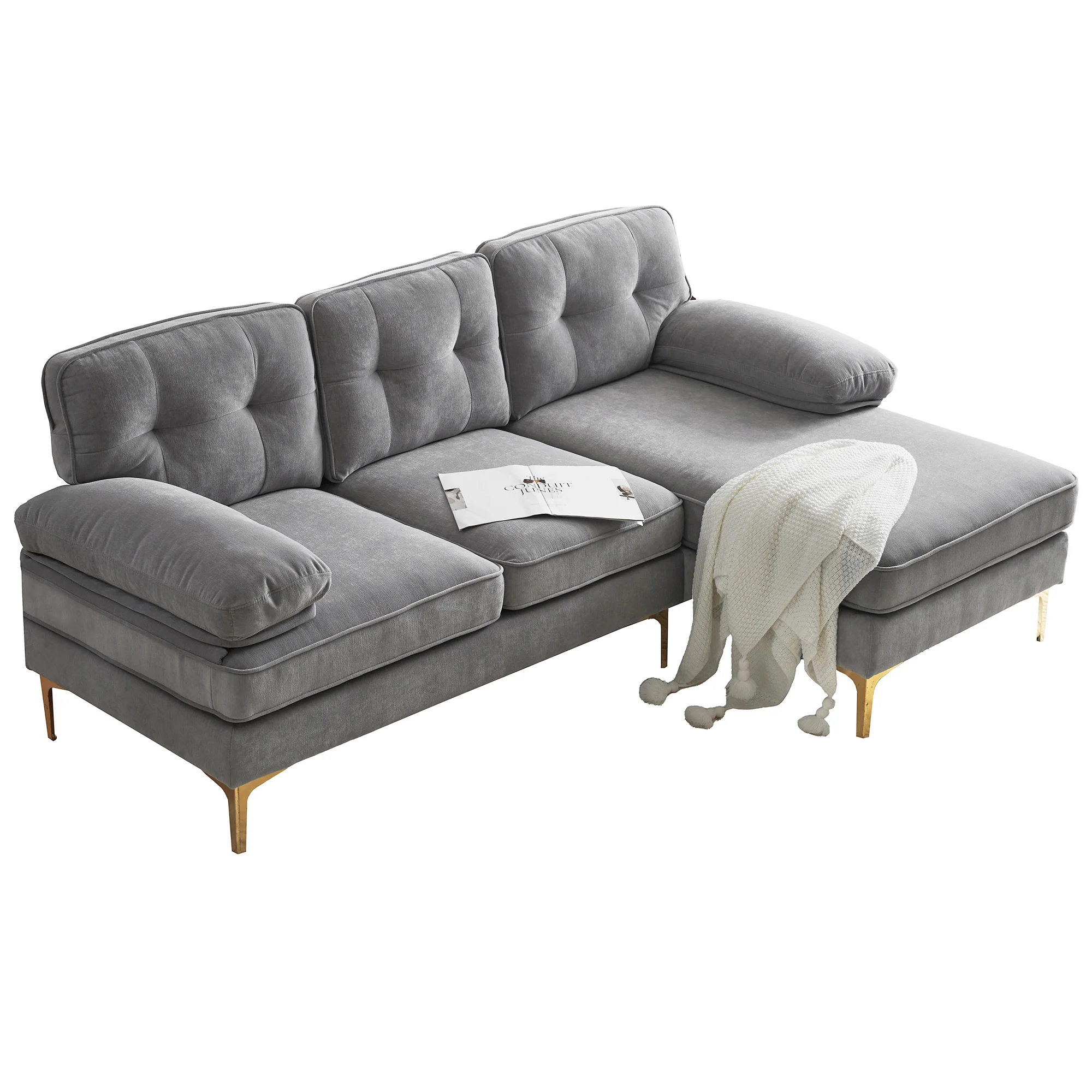 Modern Tufted Velvet L-Shape Sofa - Image 48