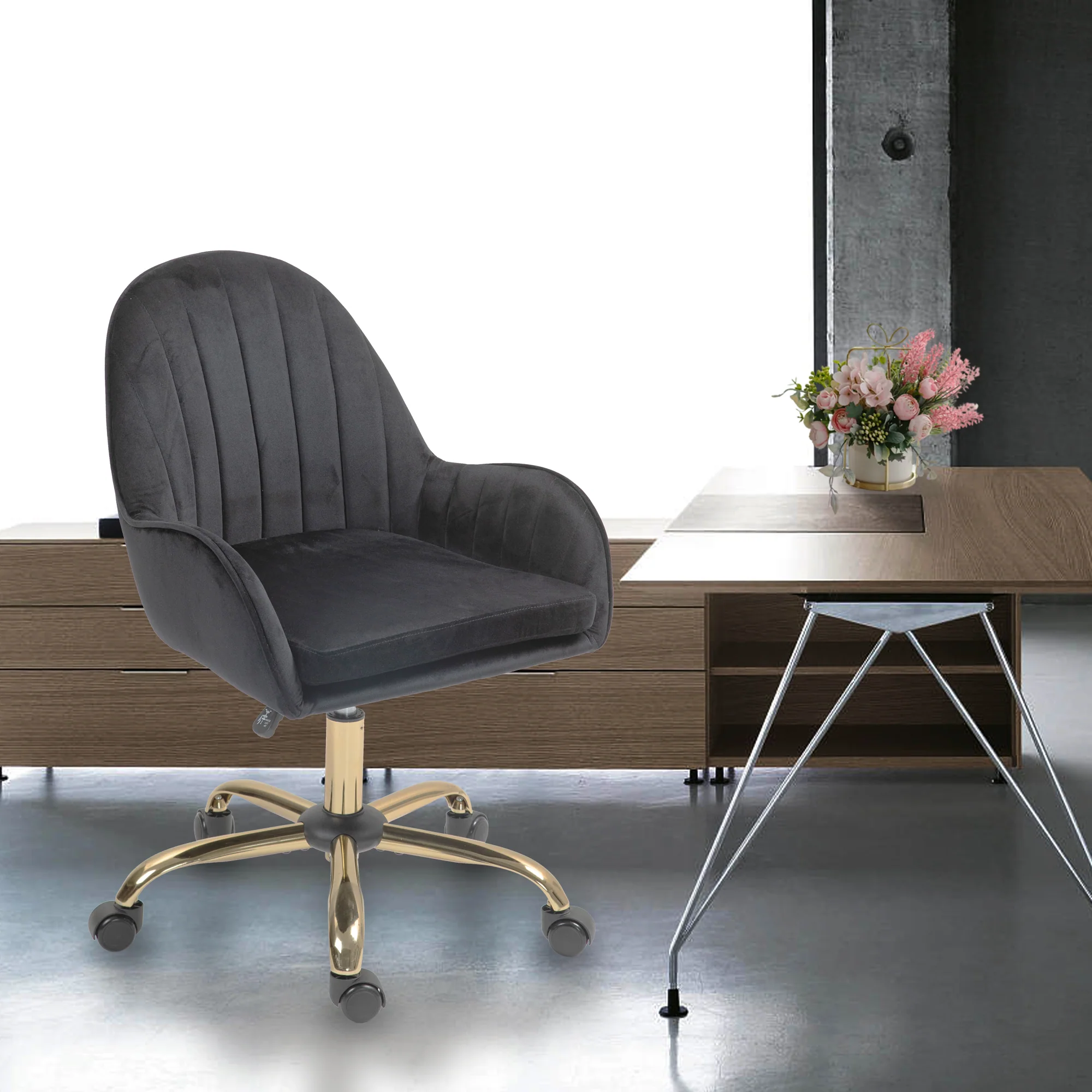 Velvet Home Office Chair with Wheels and Gold Metal Base - Image 12