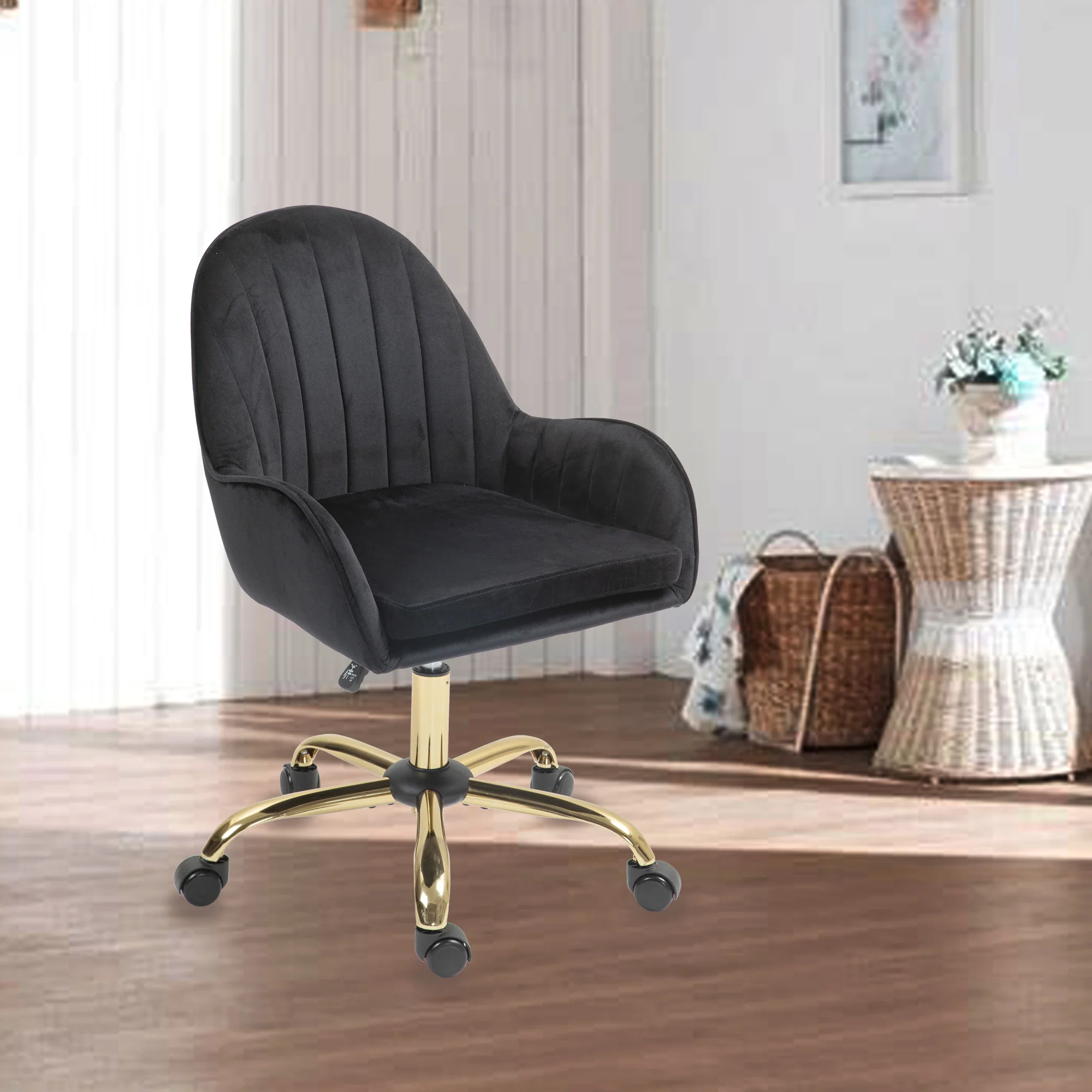 Velvet Home Office Chair with Wheels and Gold Metal Base - Image 13