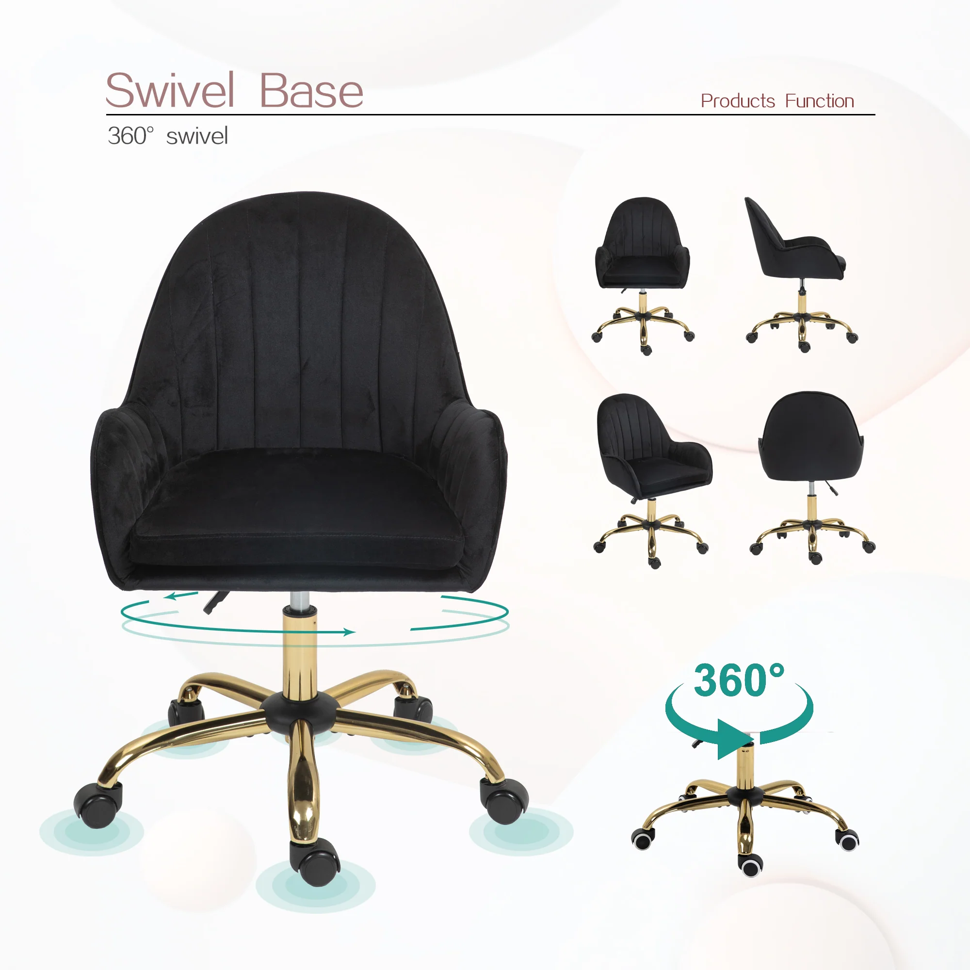 Velvet Home Office Chair with Wheels and Gold Metal Base - Image 15
