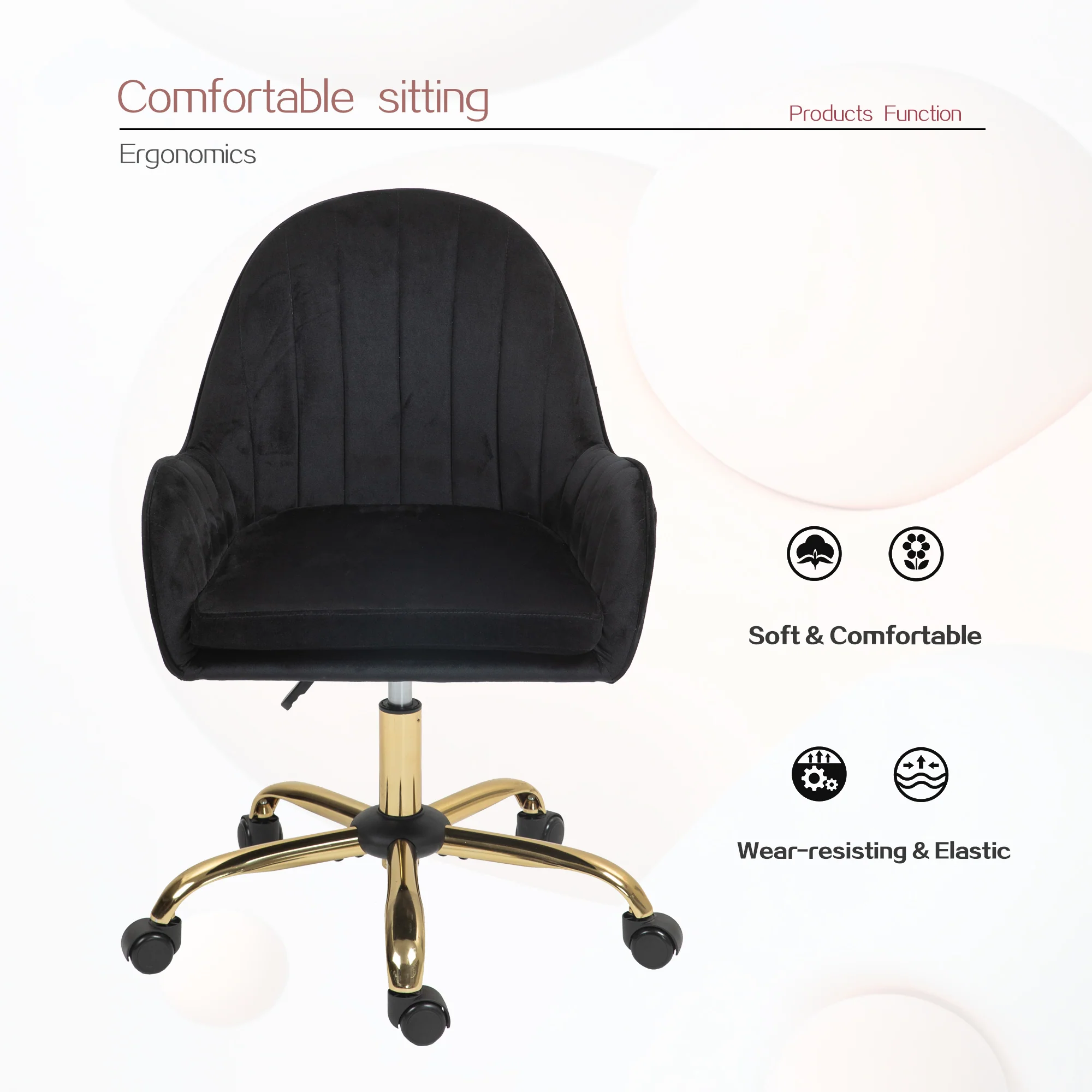 Velvet Home Office Chair with Wheels and Gold Metal Base - Image 16
