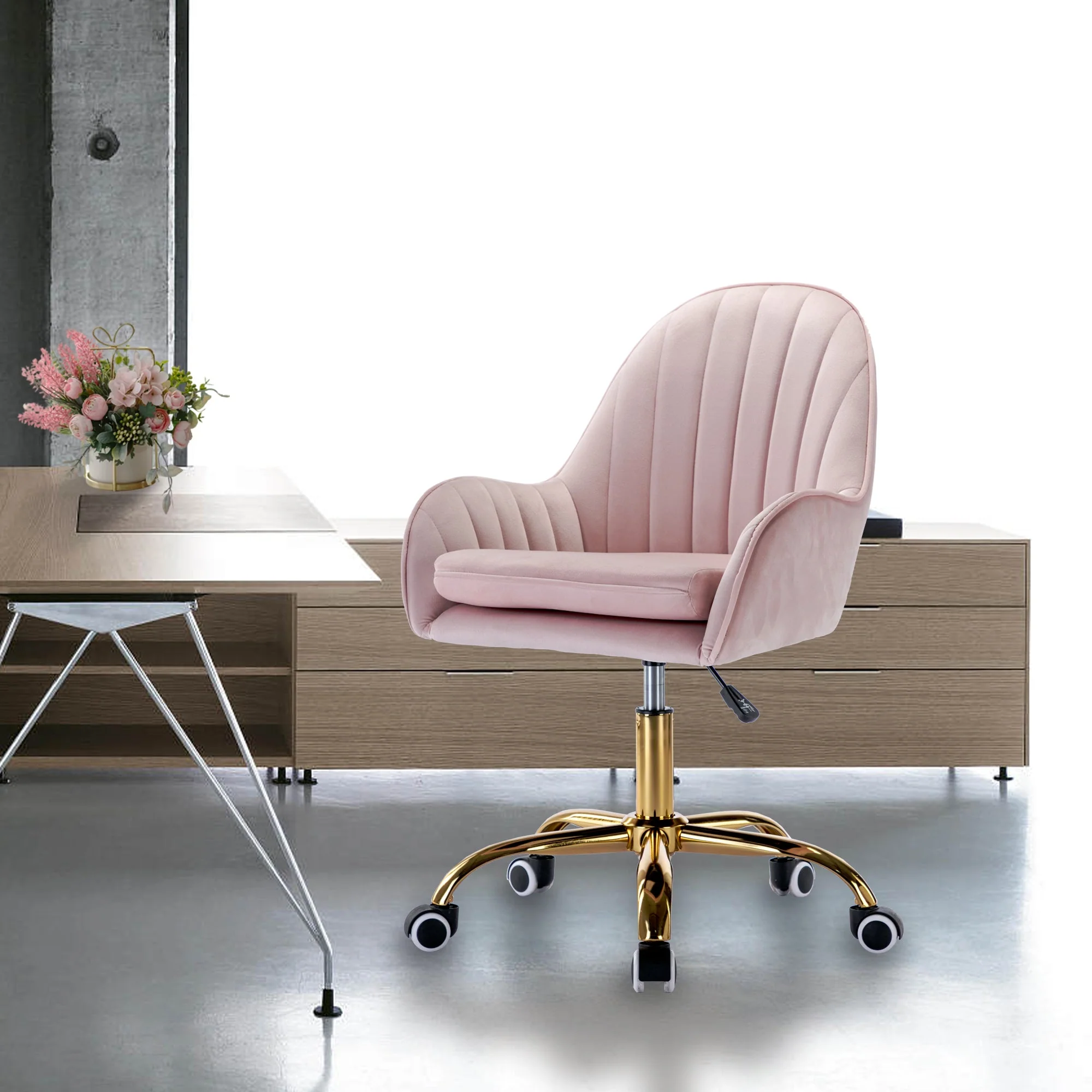 Velvet Home Office Chair with Wheels and Gold Metal Base - Image 2