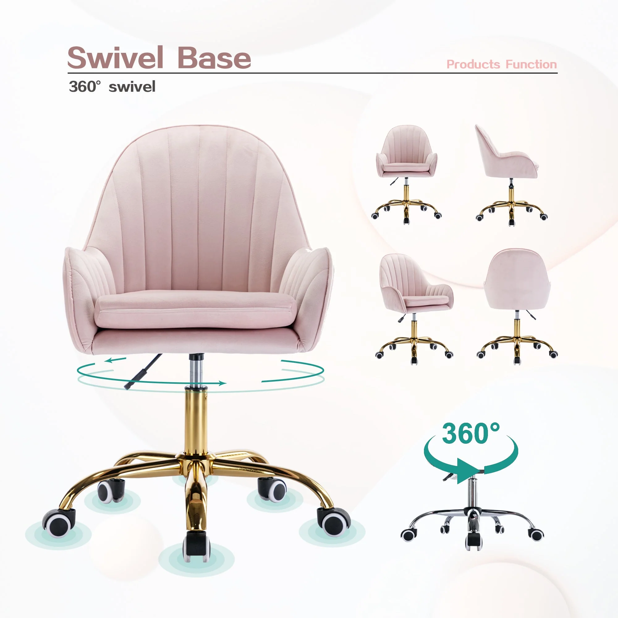 Velvet Home Office Chair with Wheels and Gold Metal Base - Image 4