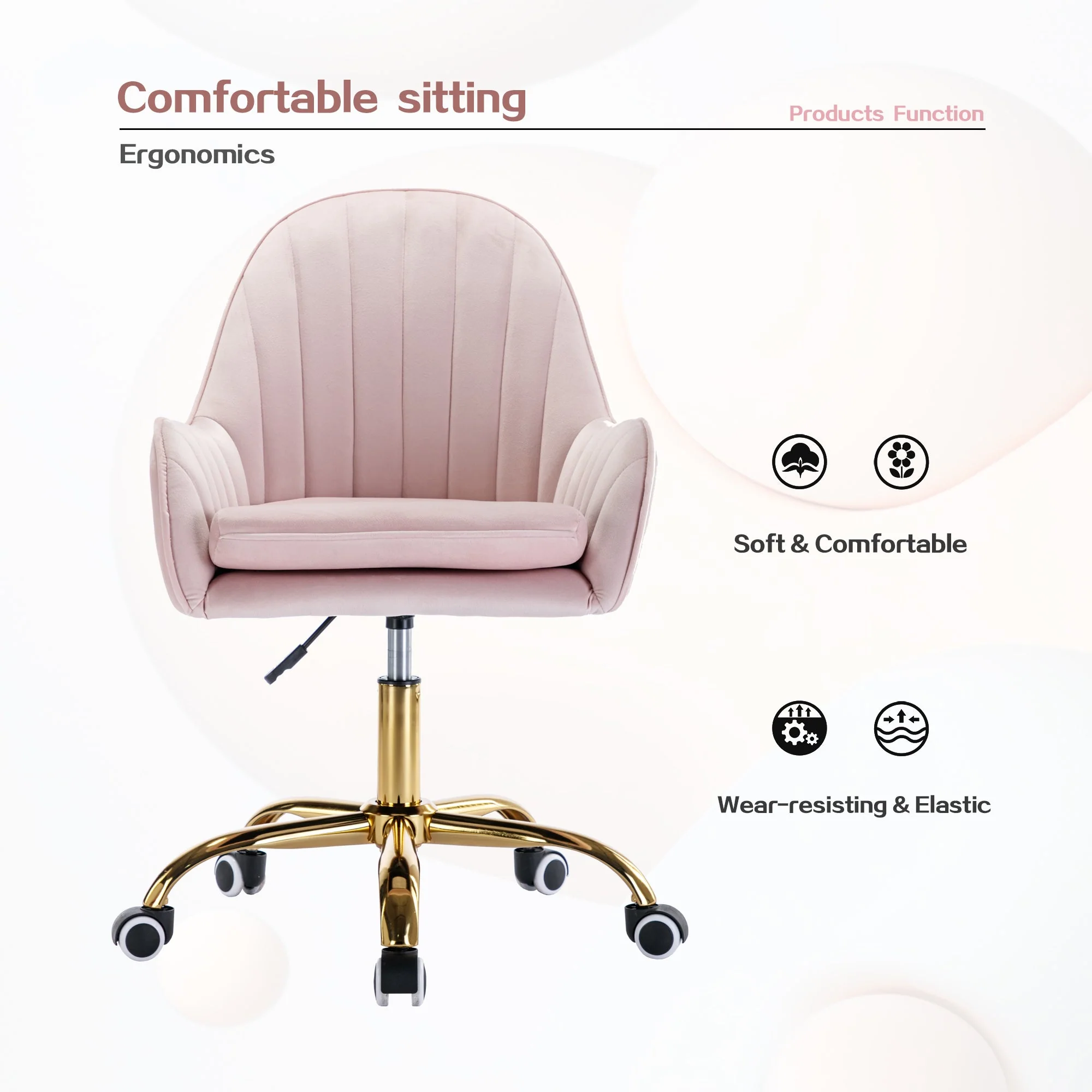 Velvet Home Office Chair with Wheels and Gold Metal Base - Image 5