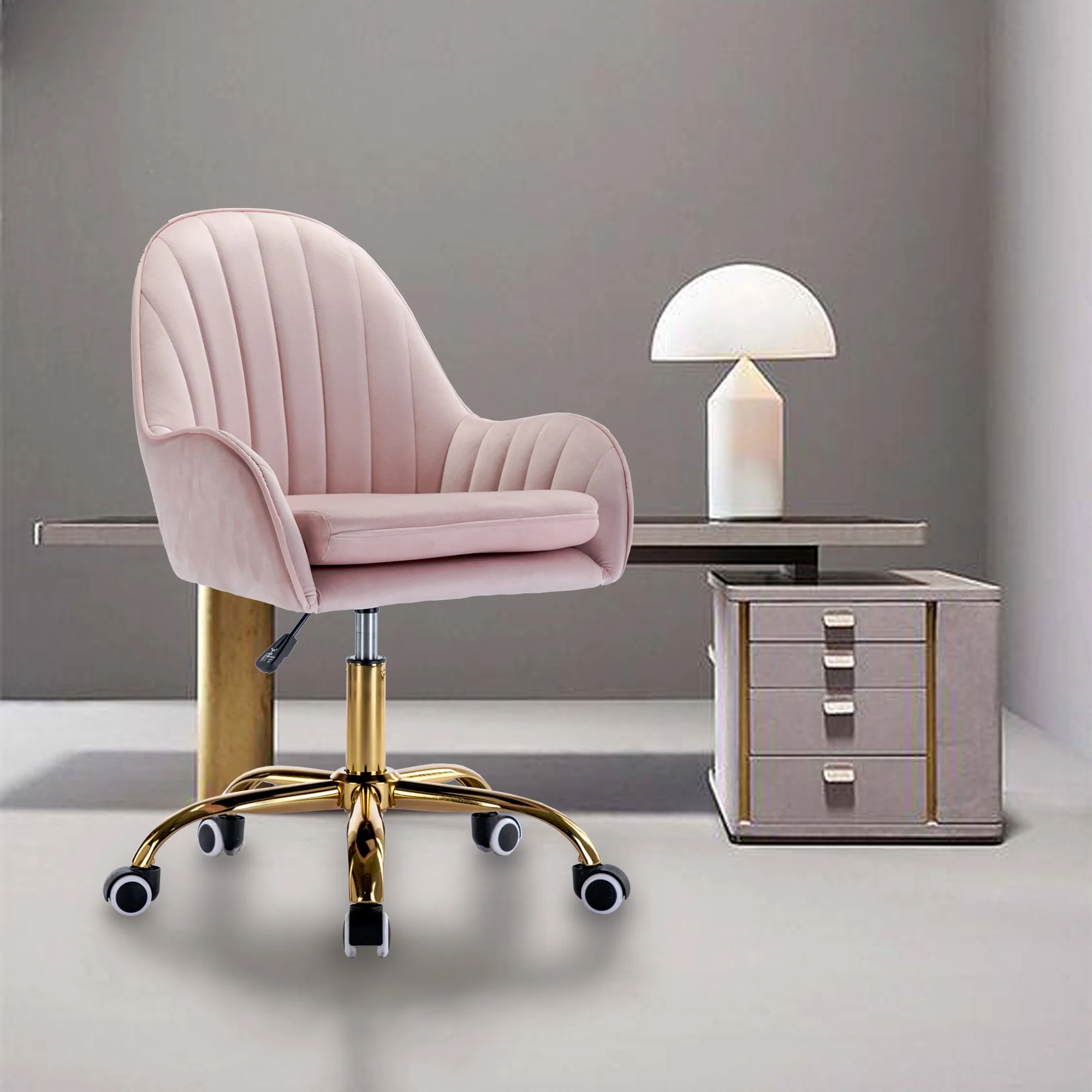Velvet Home Office Chair with Wheels and Gold Metal Base - Image 7