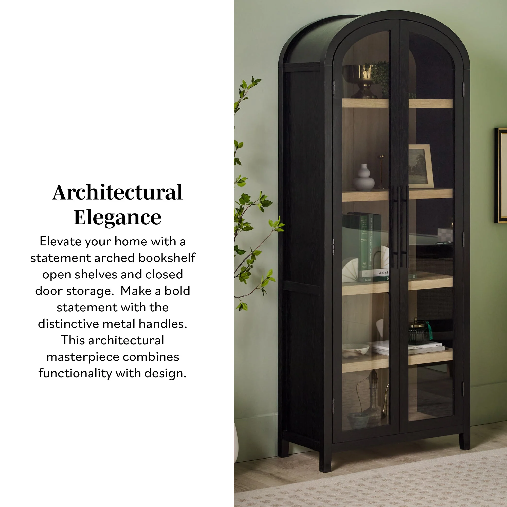 Arched Tall Bookcase with Glass Doors and 5 Shelves - Image 10