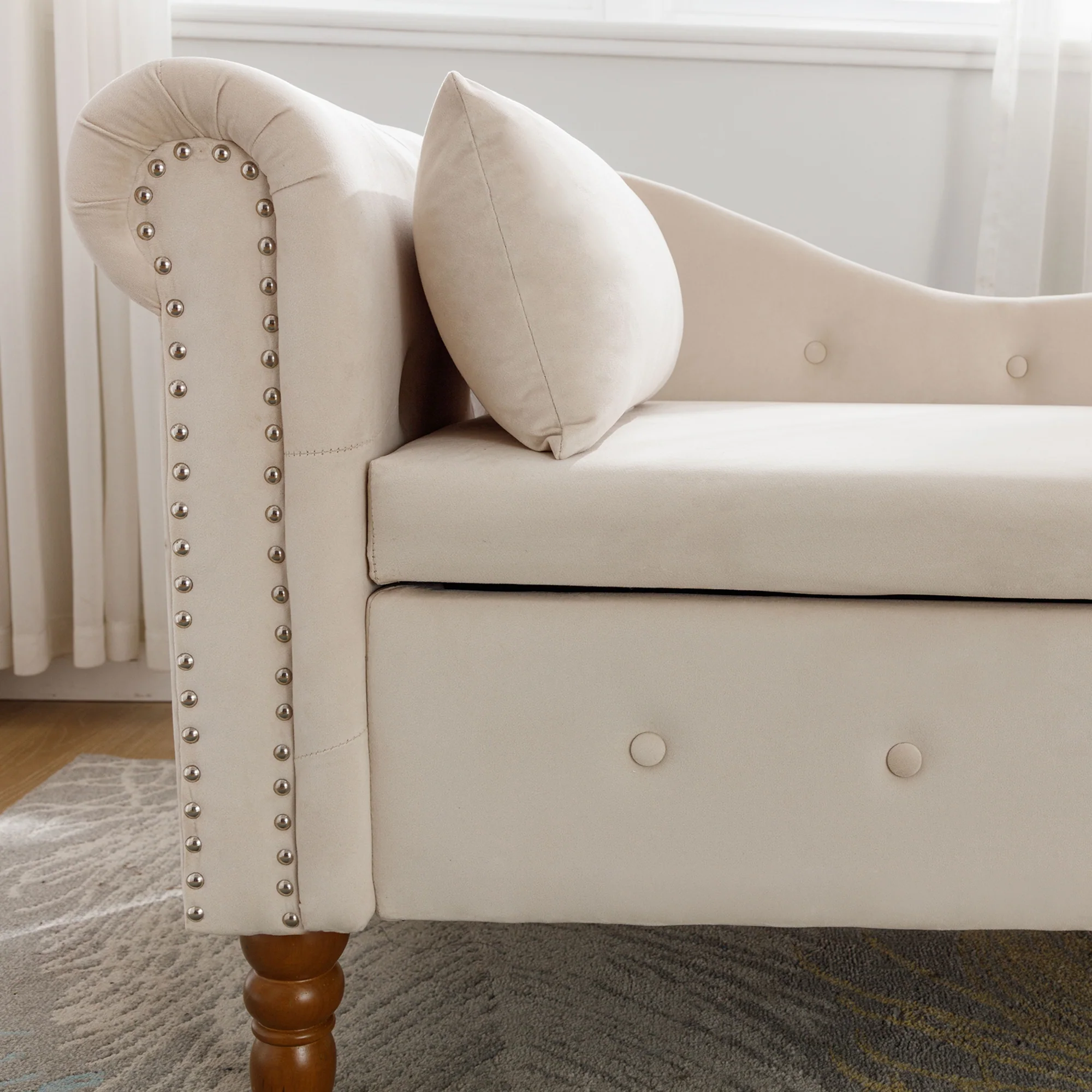 Tufted Velvet Upholstered Rolled Arm Nailhead Chaise Lounge - Image 14