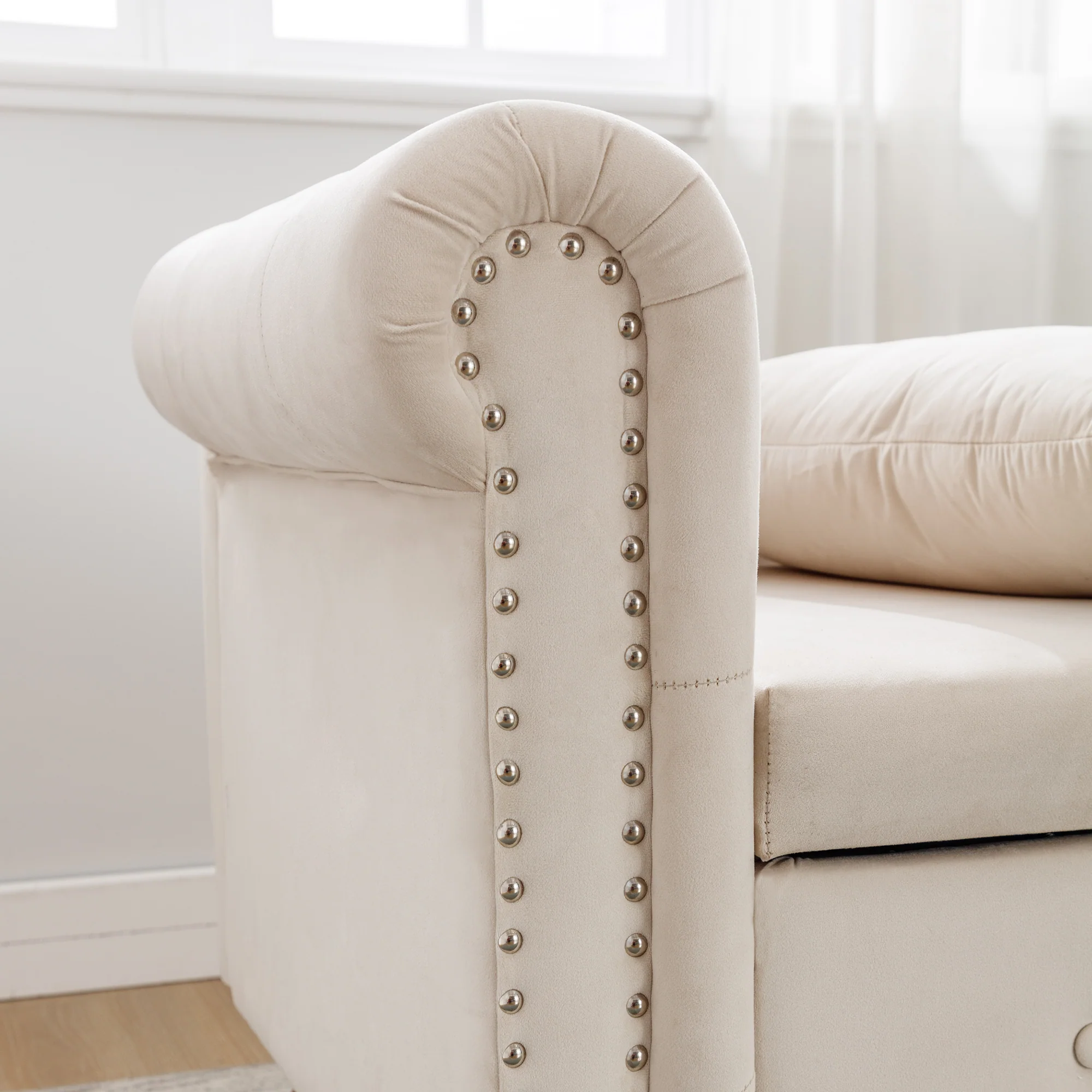 Tufted Velvet Upholstered Rolled Arm Nailhead Chaise Lounge - Image 17