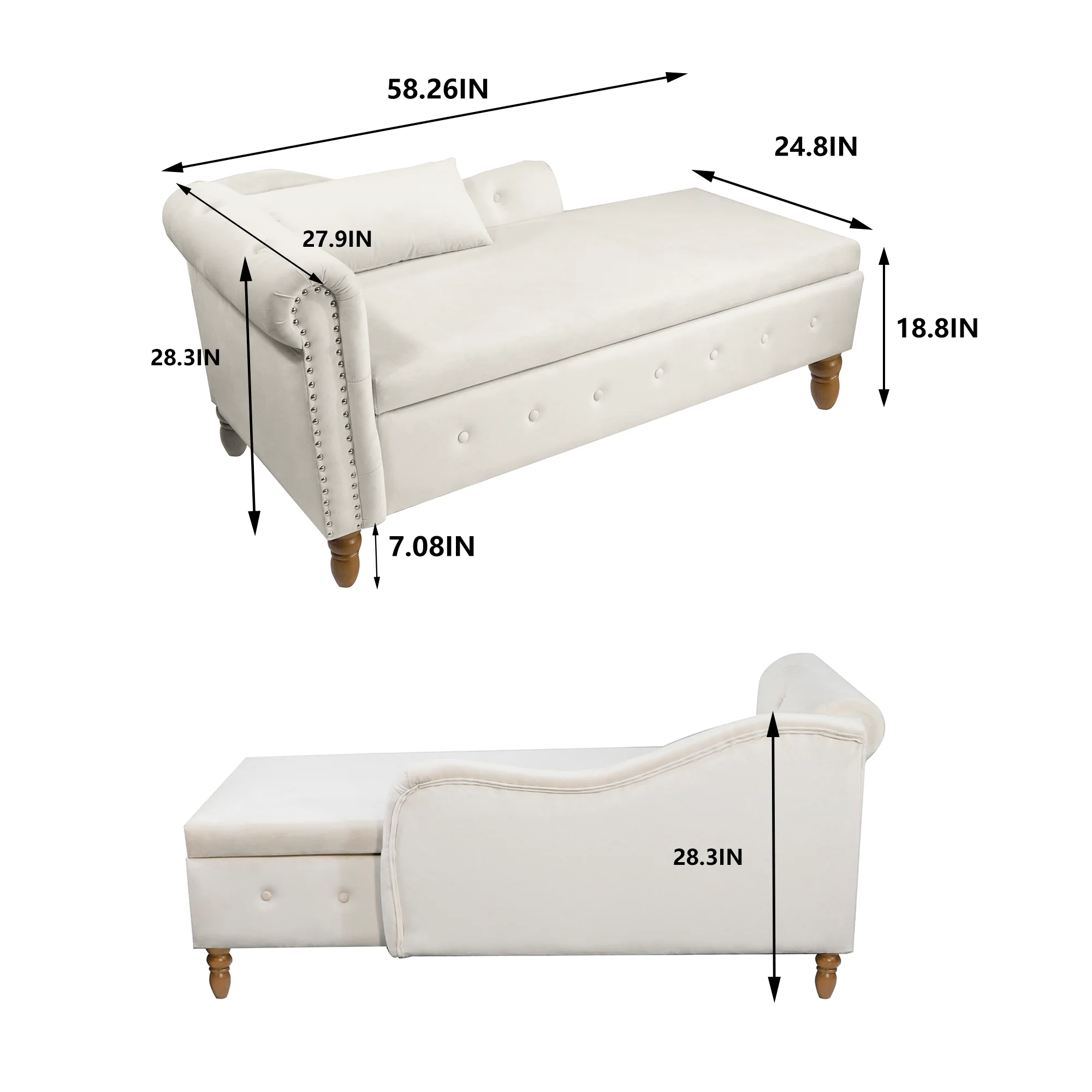 Tufted Velvet Upholstered Rolled Arm Nailhead Chaise Lounge - Image 19