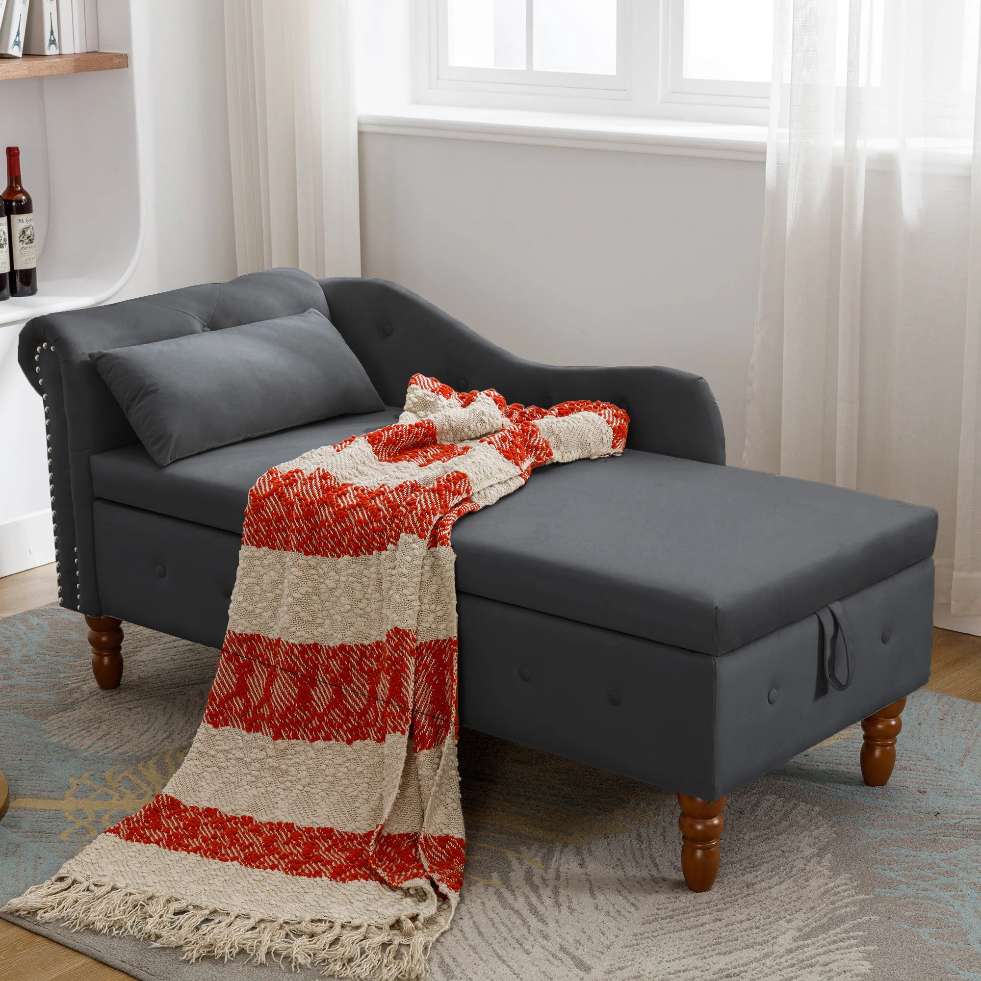 Tufted Velvet Upholstered Rolled Arm Nailhead Chaise Lounge - Image 21