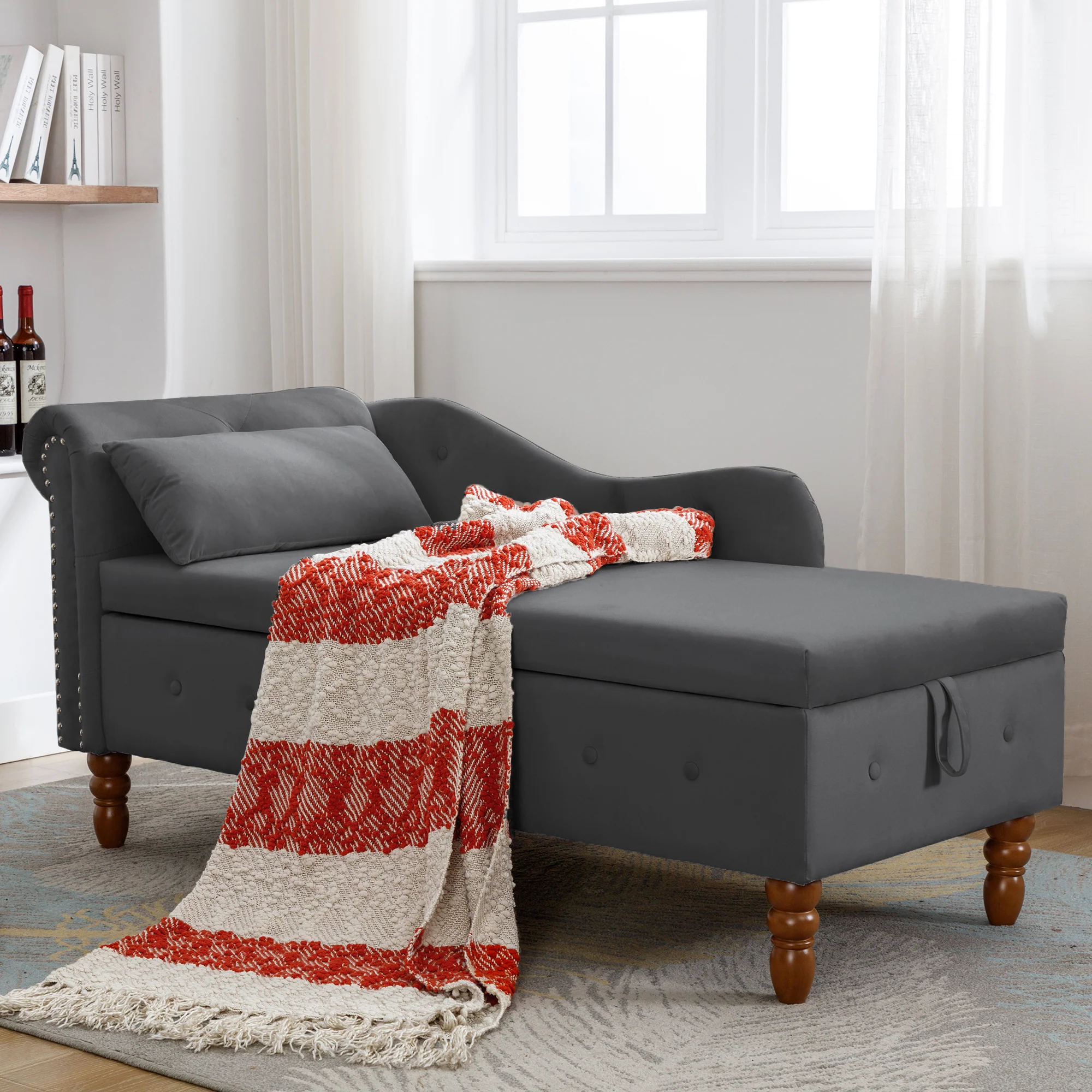 Tufted Velvet Upholstered Rolled Arm Nailhead Chaise Lounge - Image 22