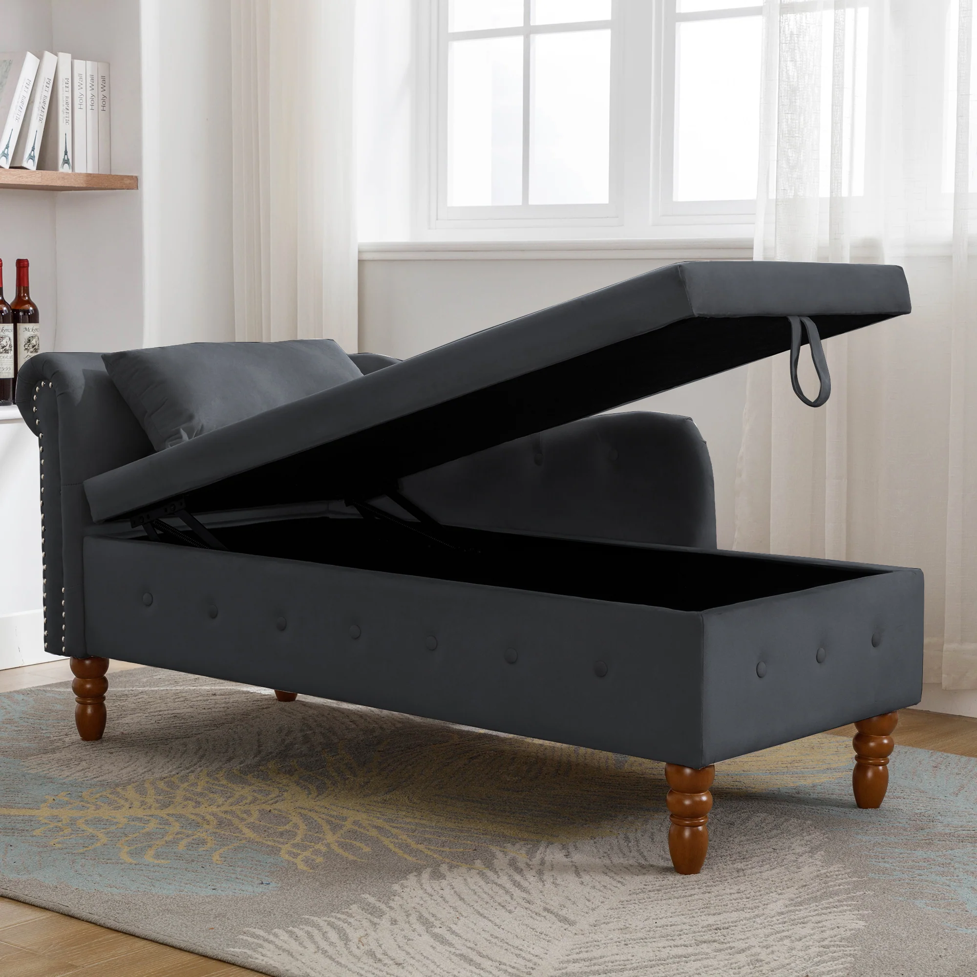 Tufted Velvet Upholstered Rolled Arm Nailhead Chaise Lounge - Image 23